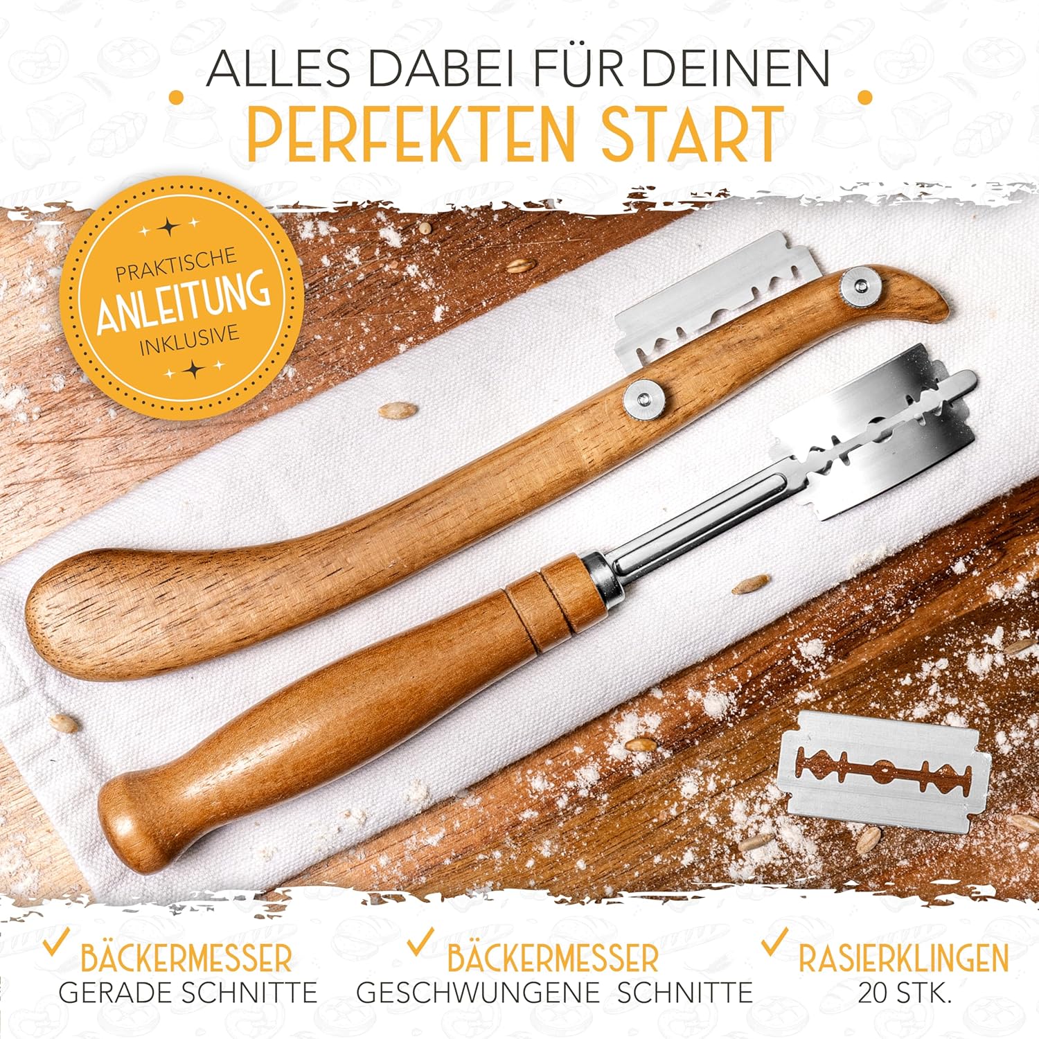 Set aus 2x Gärkorb und 2x Teigritzmesser