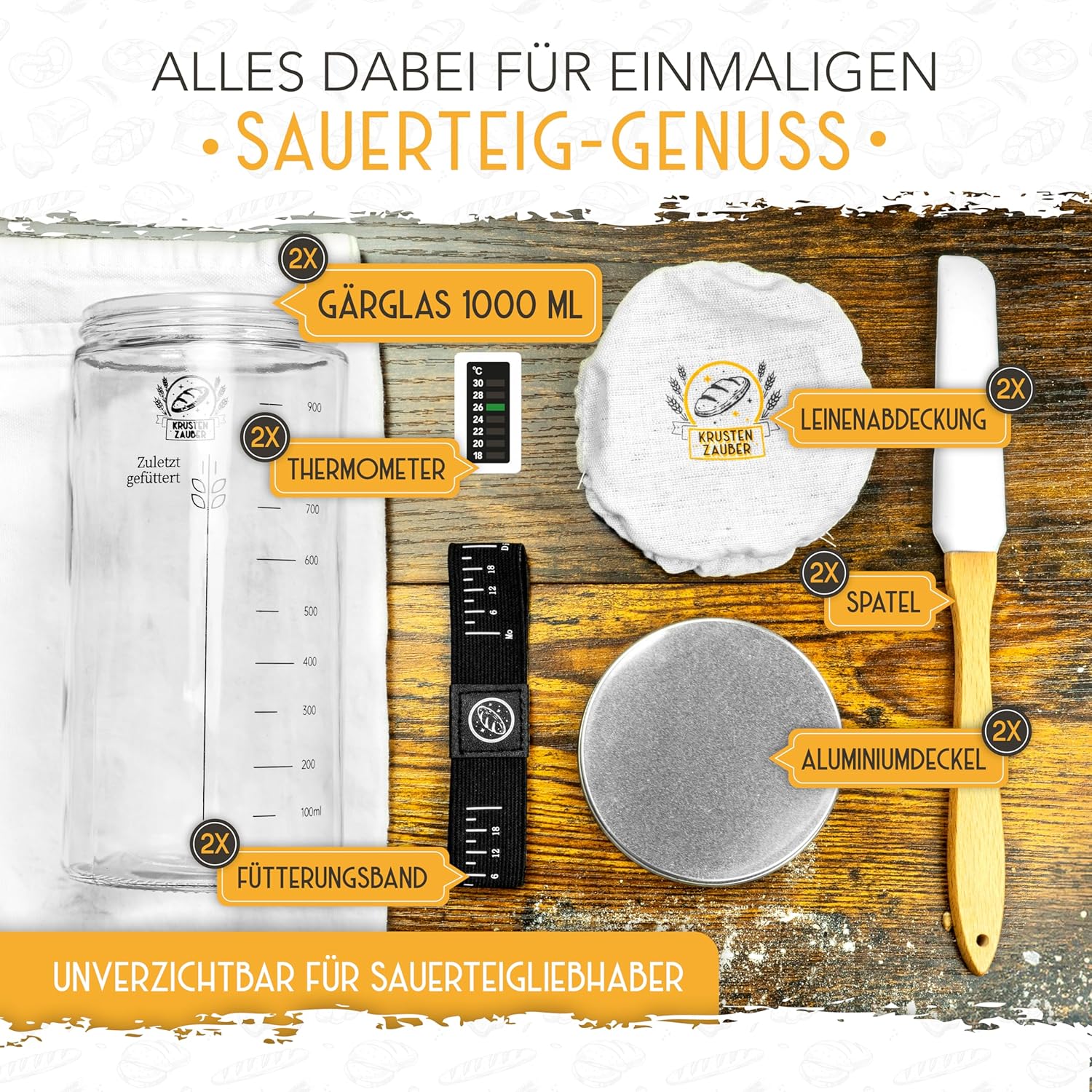 2x 1000ml Starter Set - Gärglas mit Spatel und Thermometer