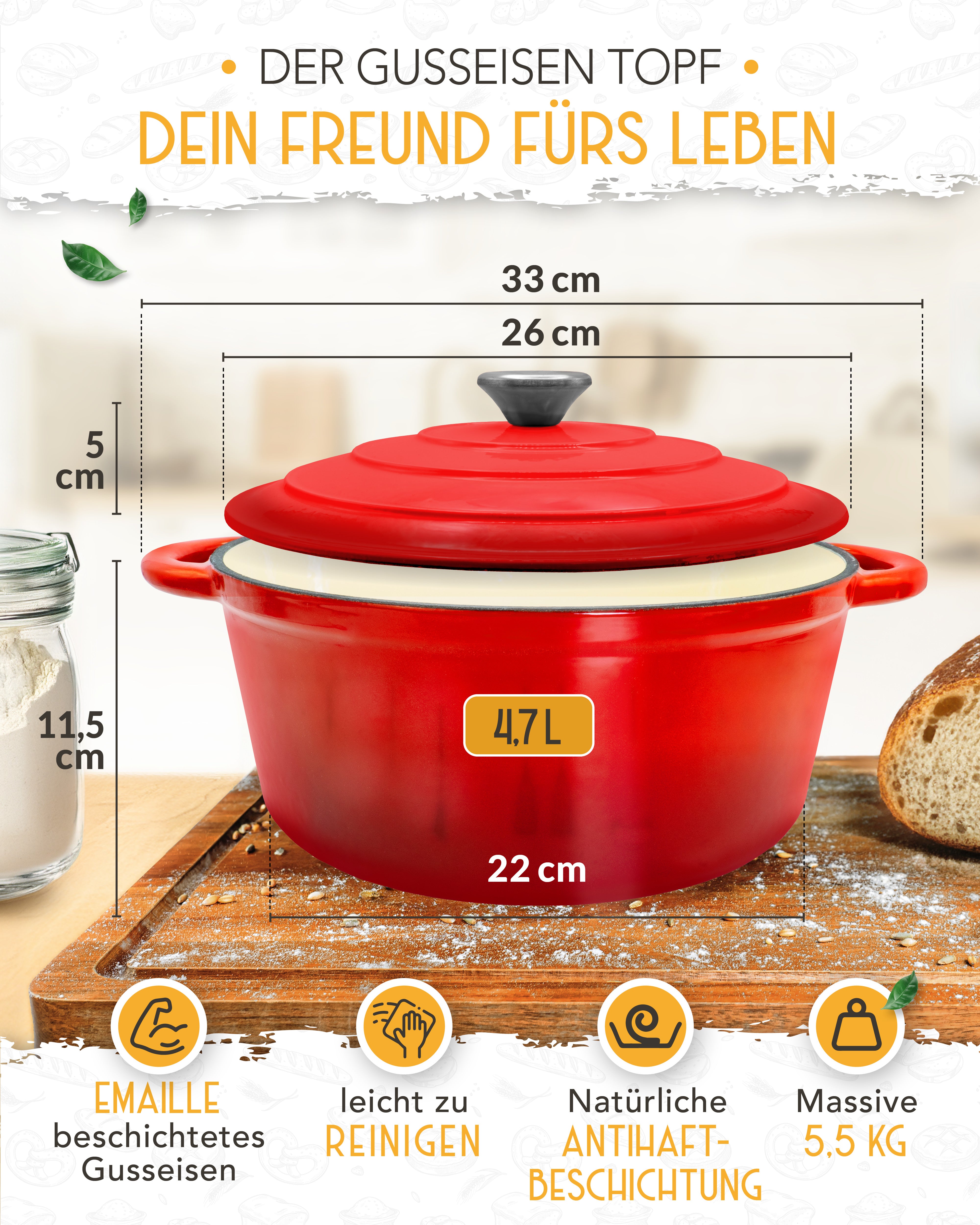 26cm Emaille Gusseisentopf in Rot - Einzeln