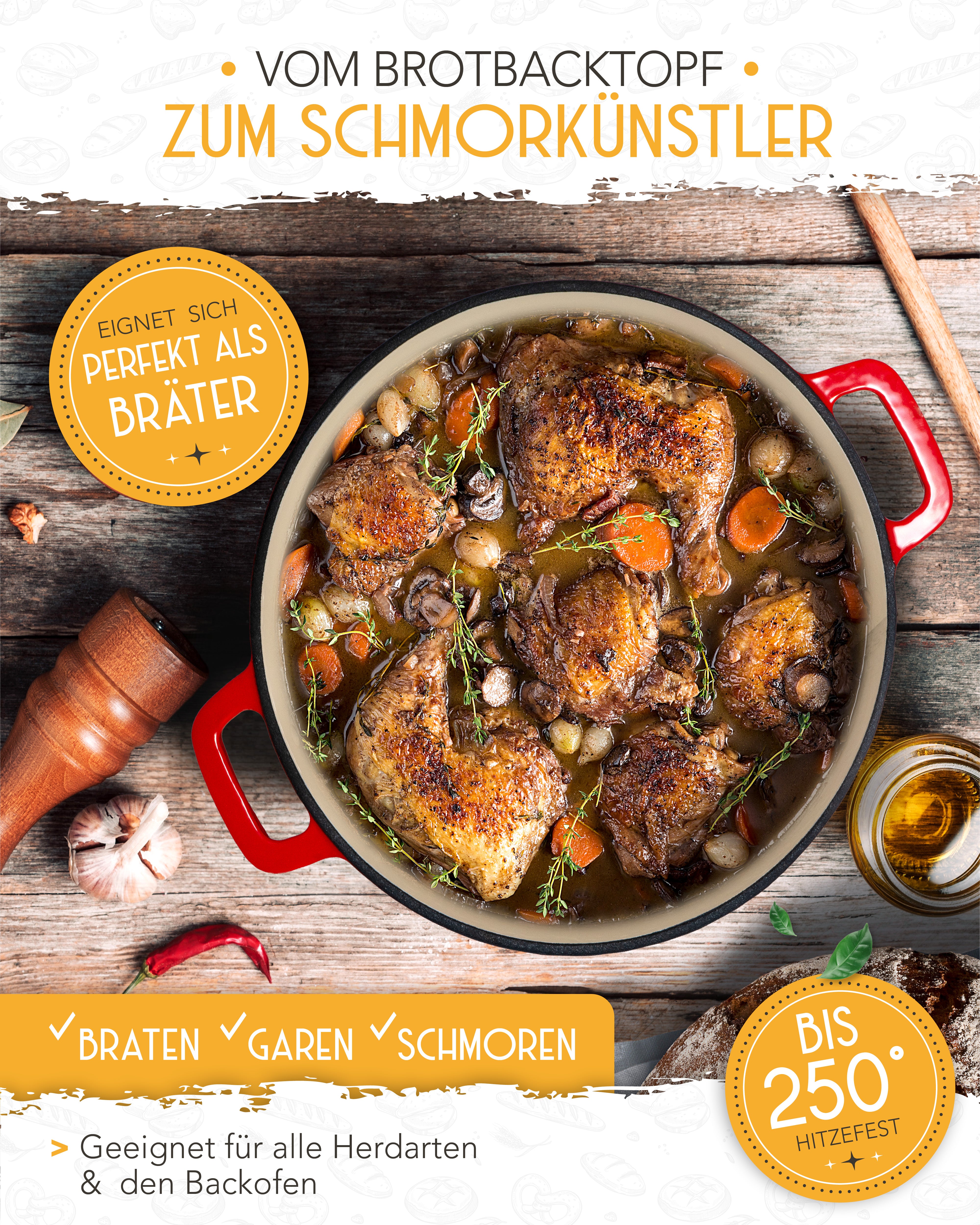 26cm Emaille Gusseisentopf in Rot - Einzeln