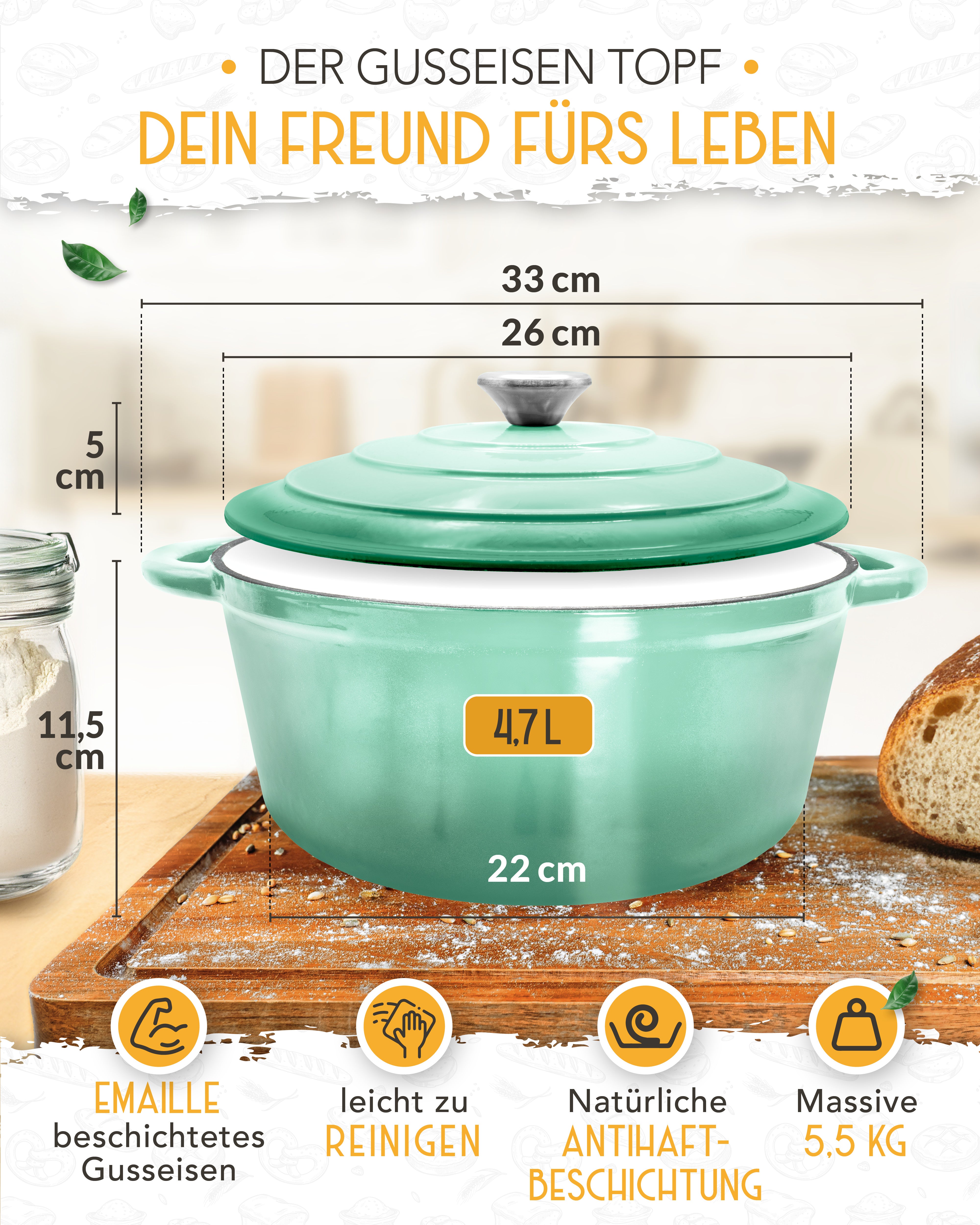 26cm Emaille Gusseisentopf in Mintgrün - Einzeln