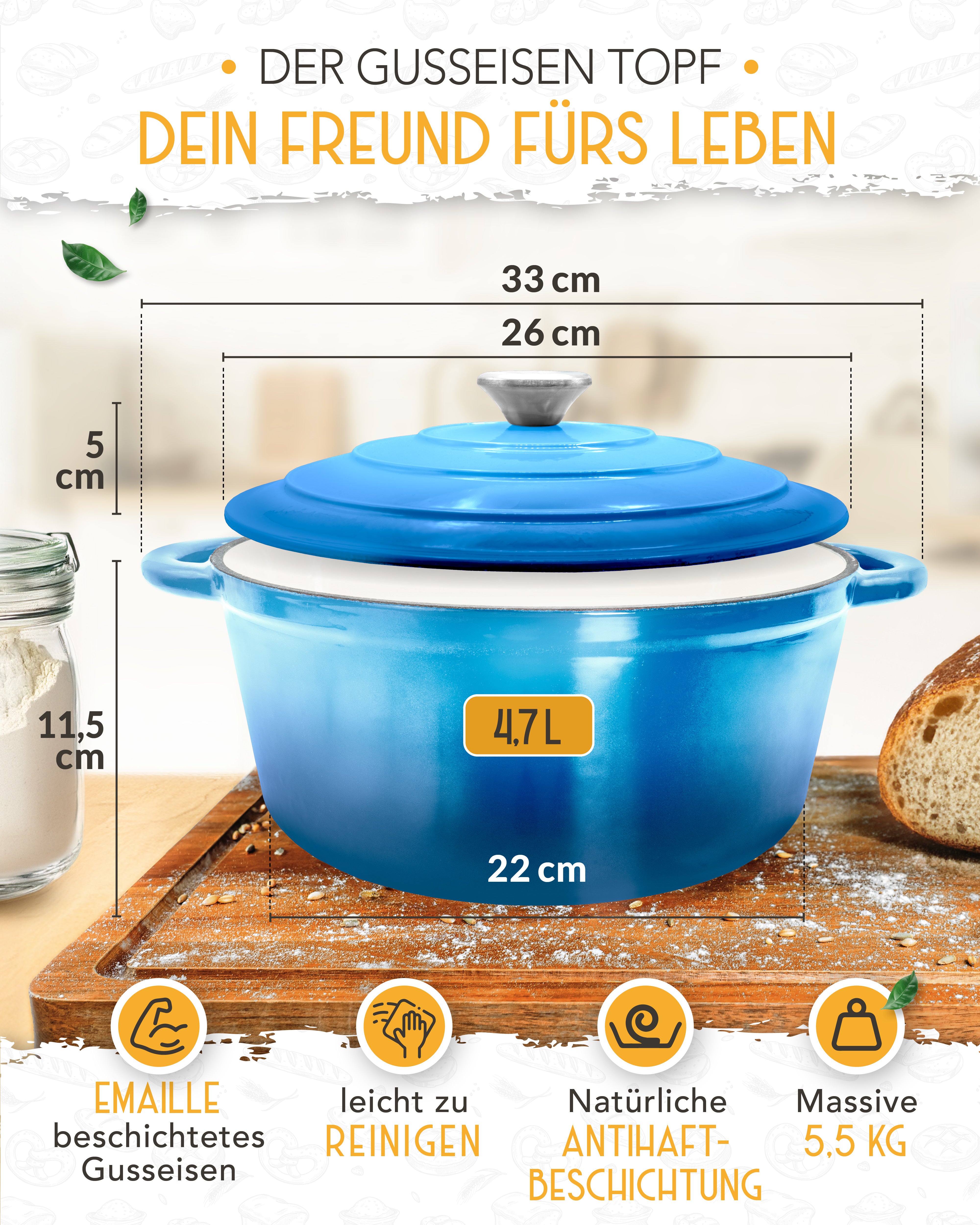 26cm Emaille Gusseisentopf in Blau - Einzeln