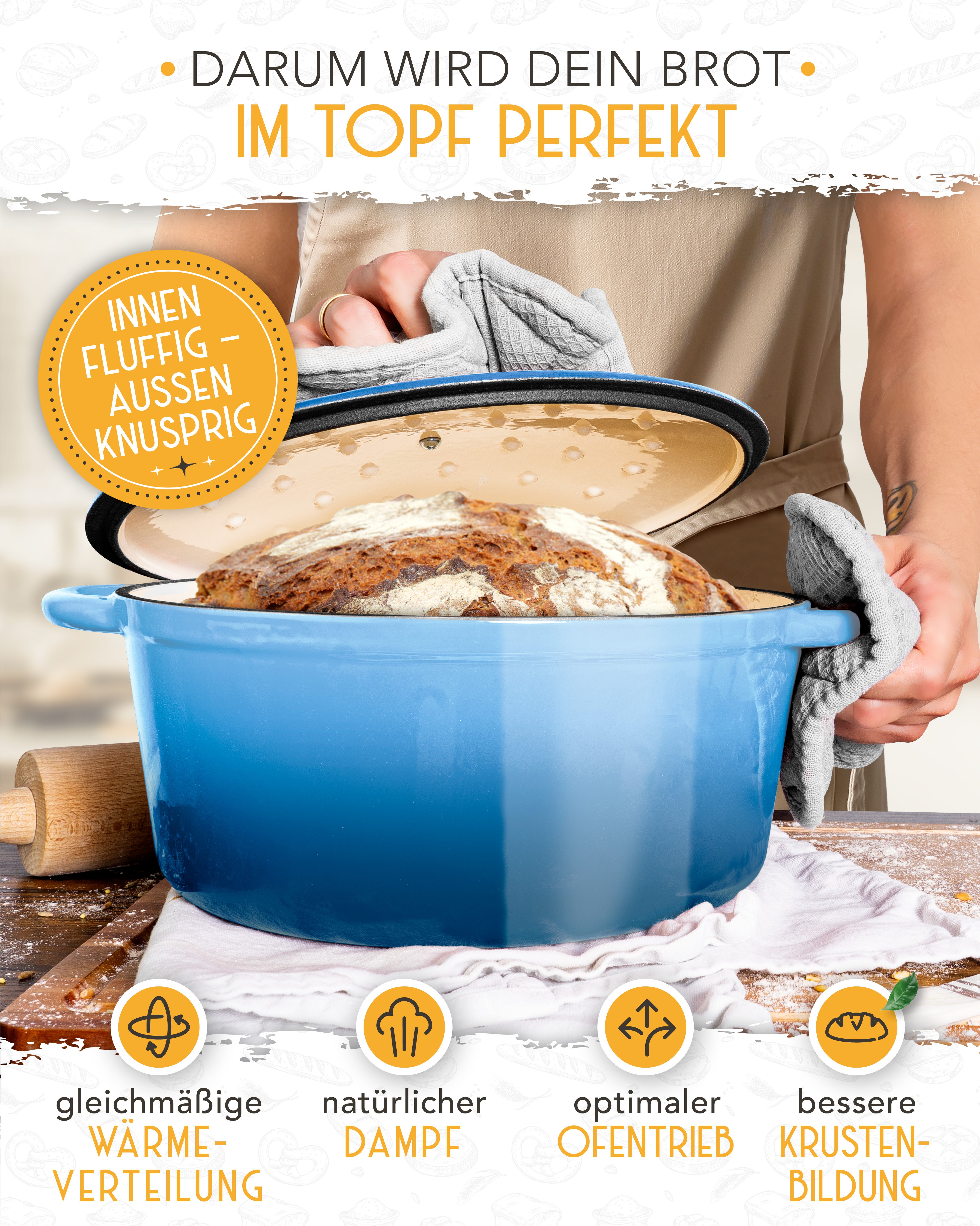 26cm Emaille Gusseisentopf in Blau - Einzeln