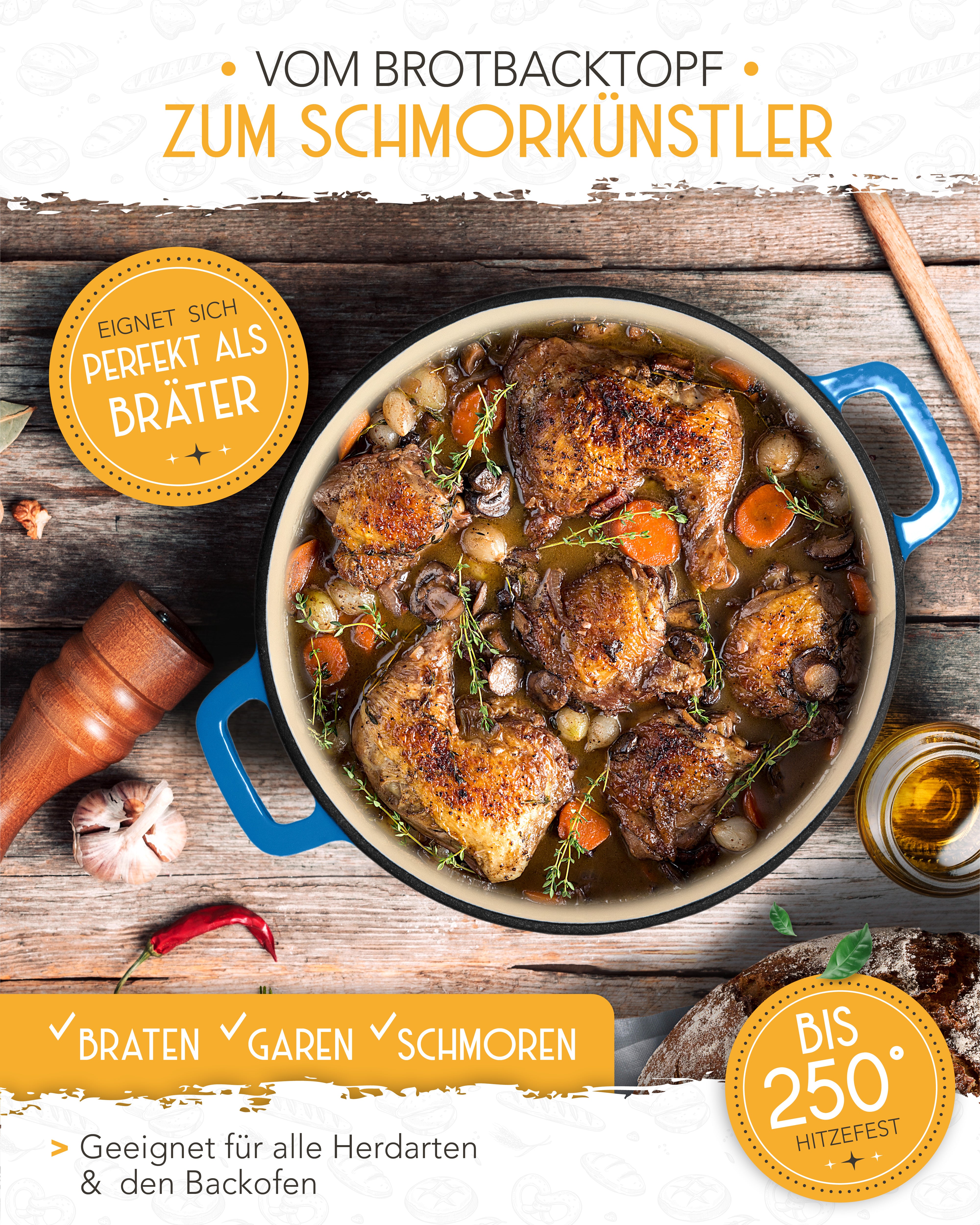 26cm Emaille Gusseisentopf in Blau - Einzeln