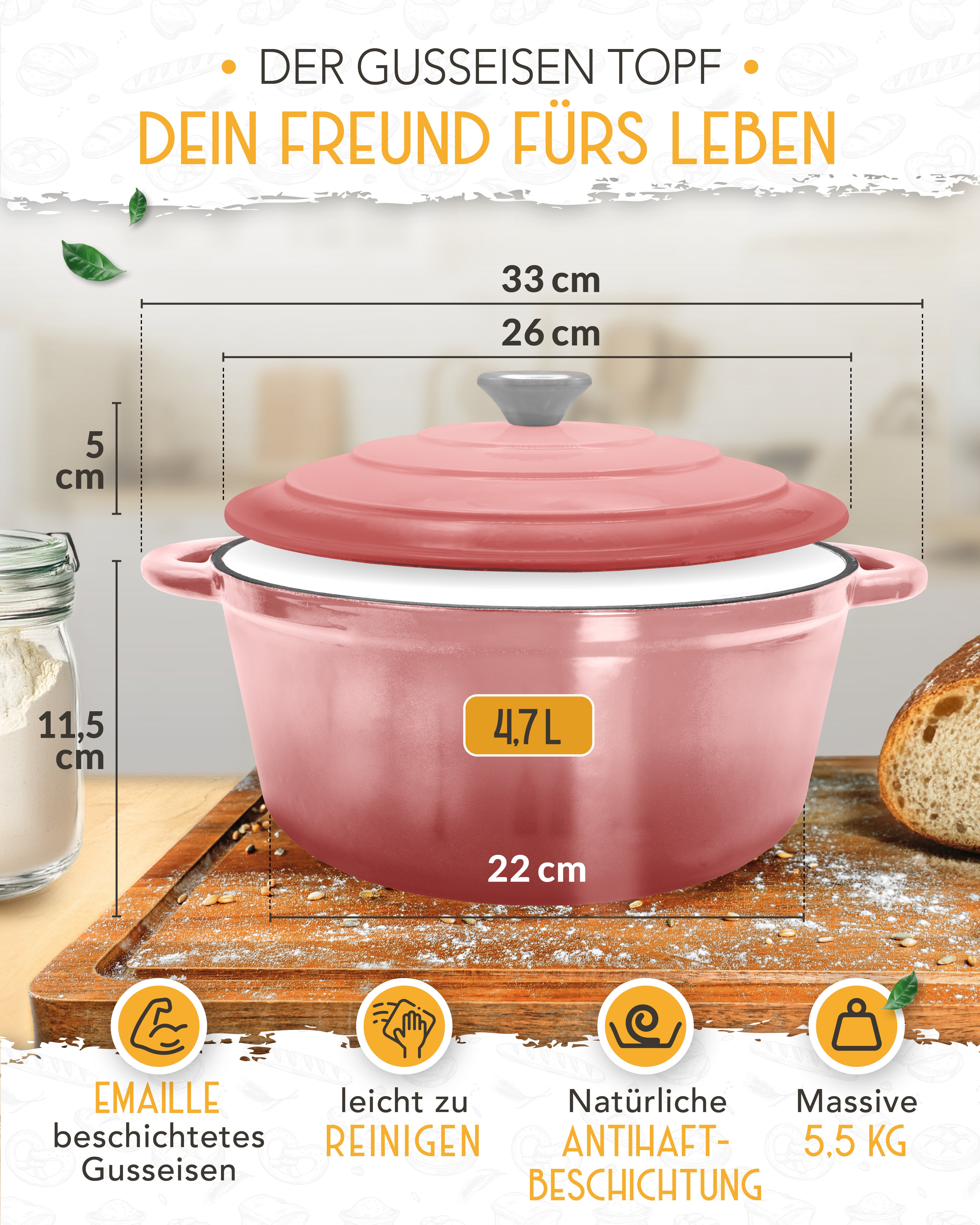 26cm Emaille Gusseisentopf in Rosa - Einzeln