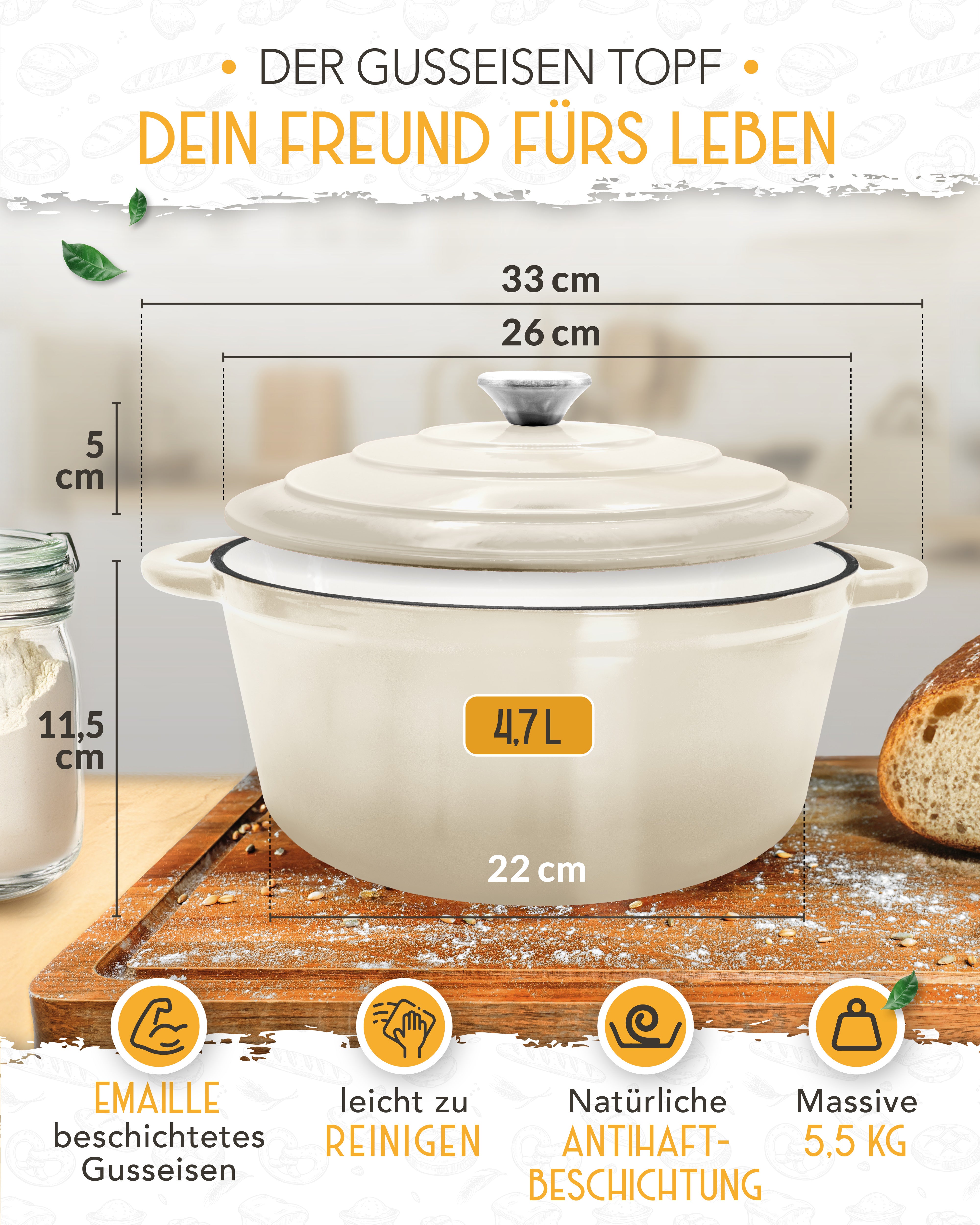 26cm Emaille Gusseisentopf in Creme - Einzeln