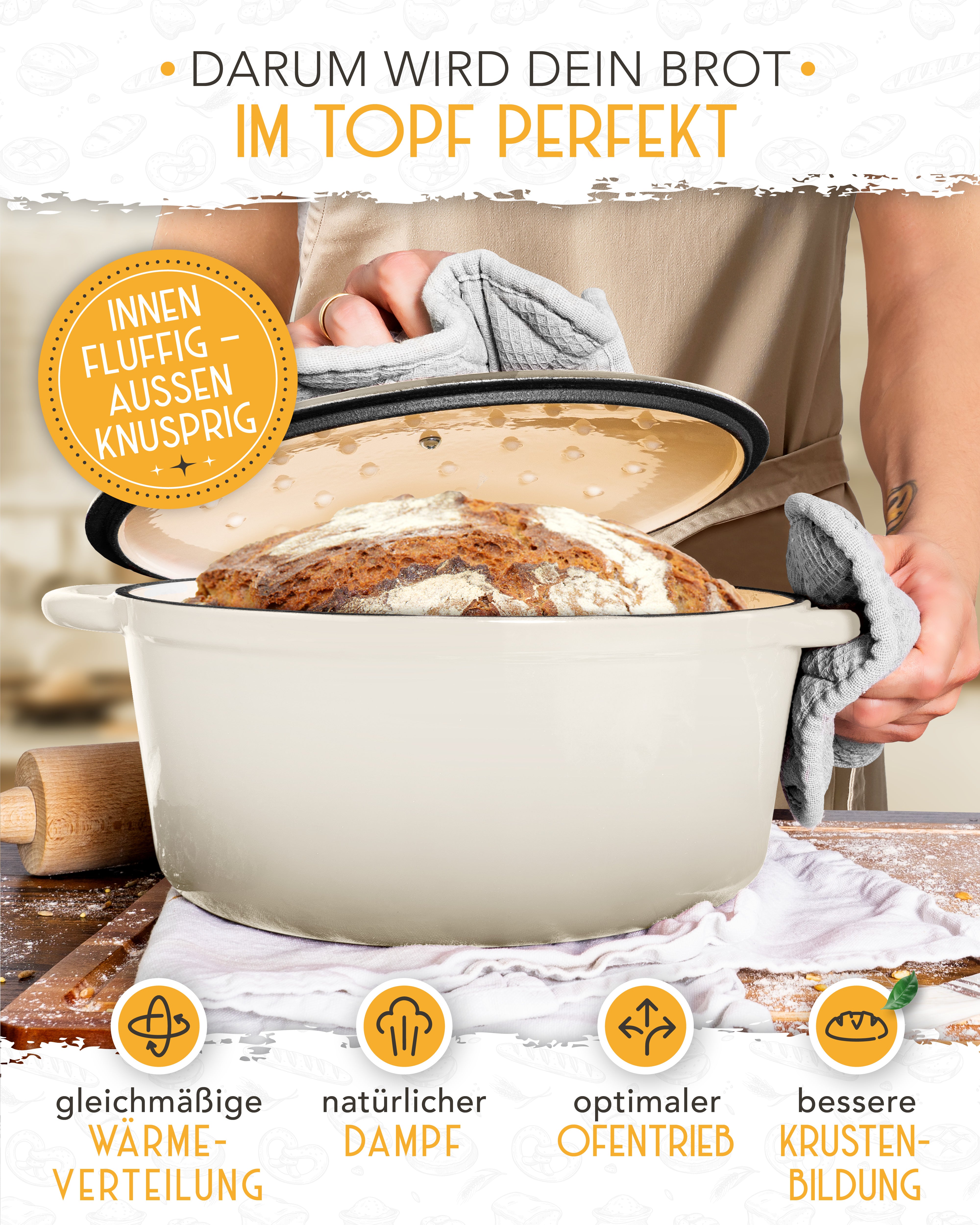 26cm Emaille Gusseisentopf in Creme - Einzeln