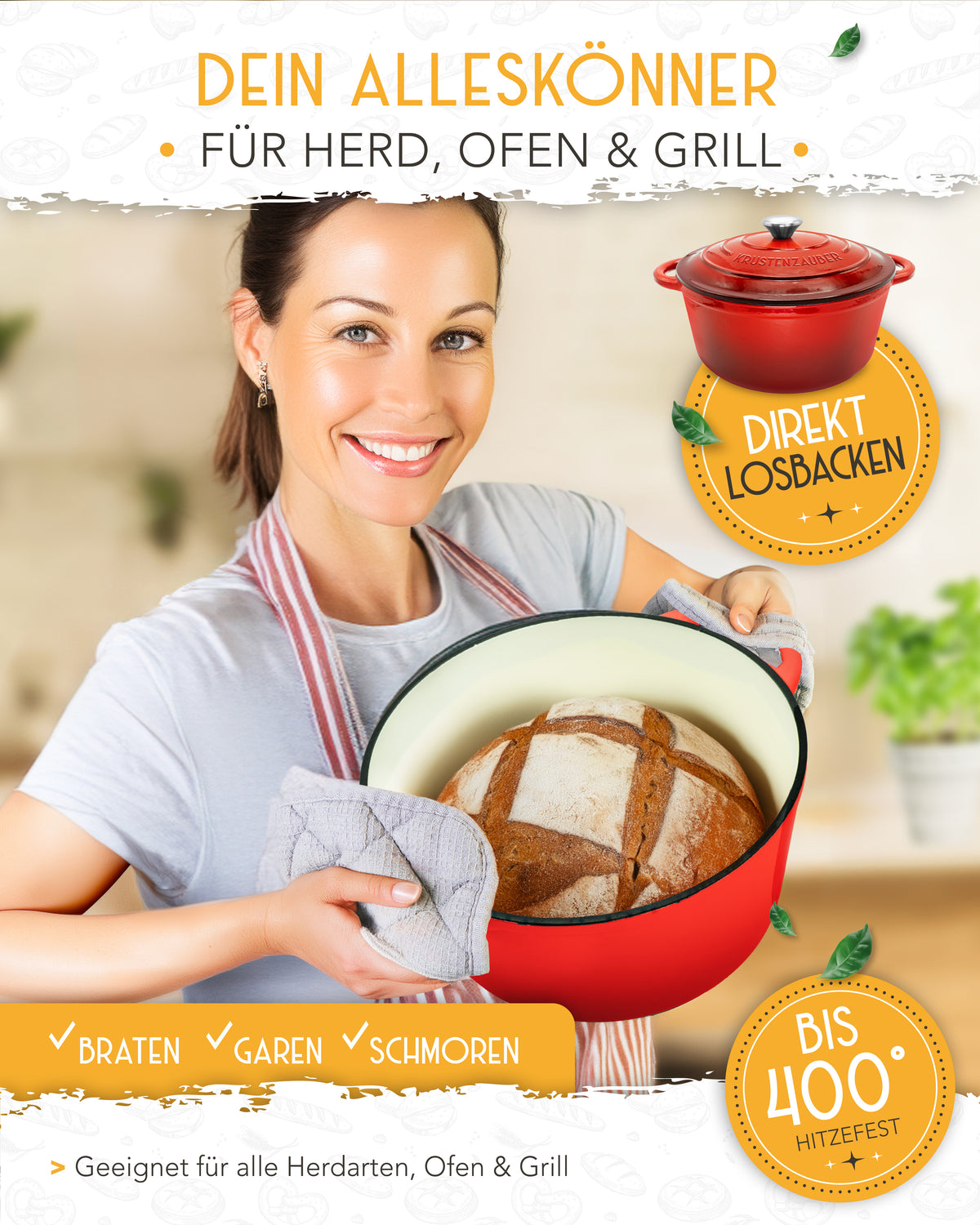 Einsteiger-Set – Gusseisentopf Emaille Rot 4,7 l, Zubehör & Rezept-Booklet
