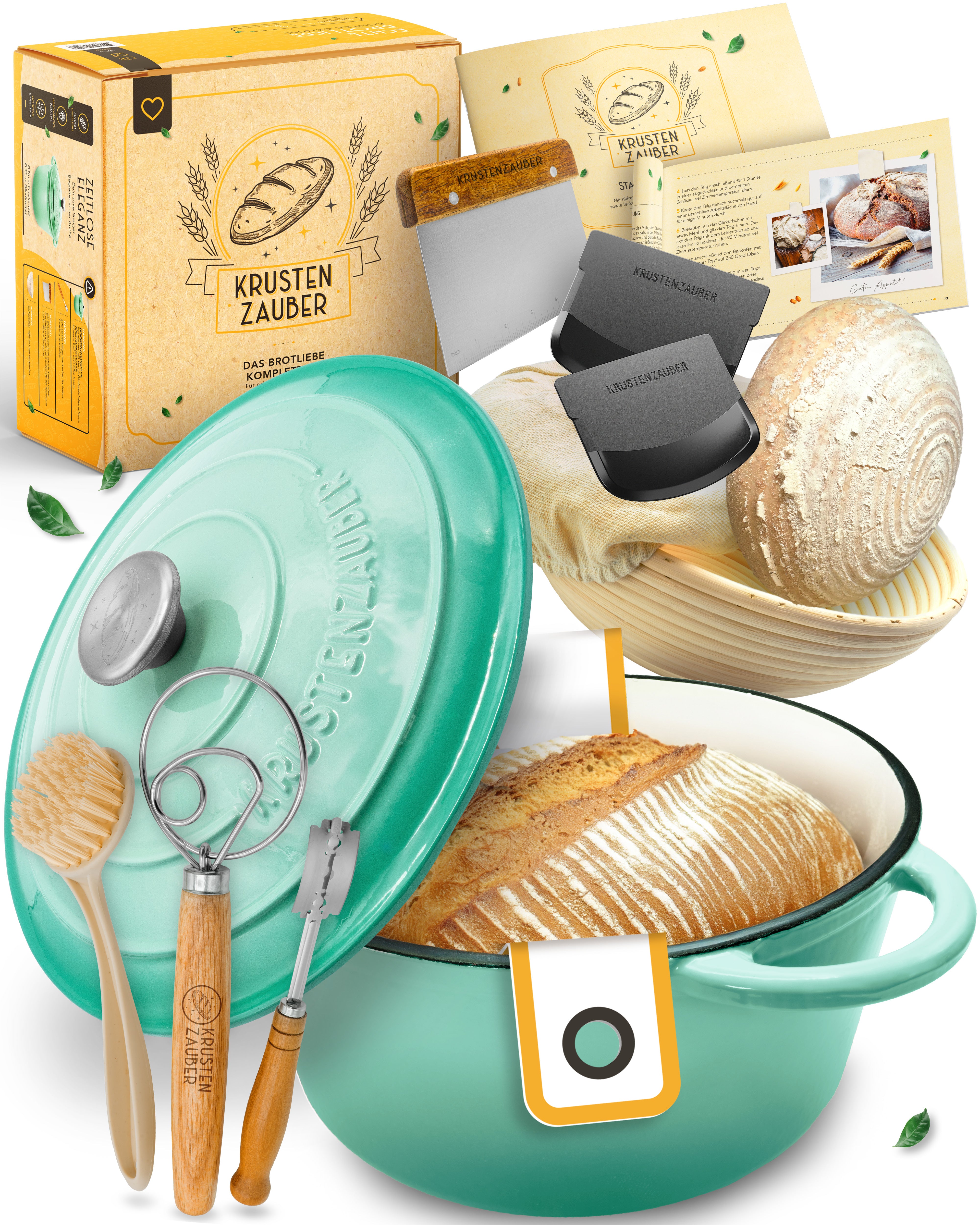 Einsteiger-Set – Gusseisentopf Emaille Mint 4,7 l, Zubehör & Rezept-Booklet