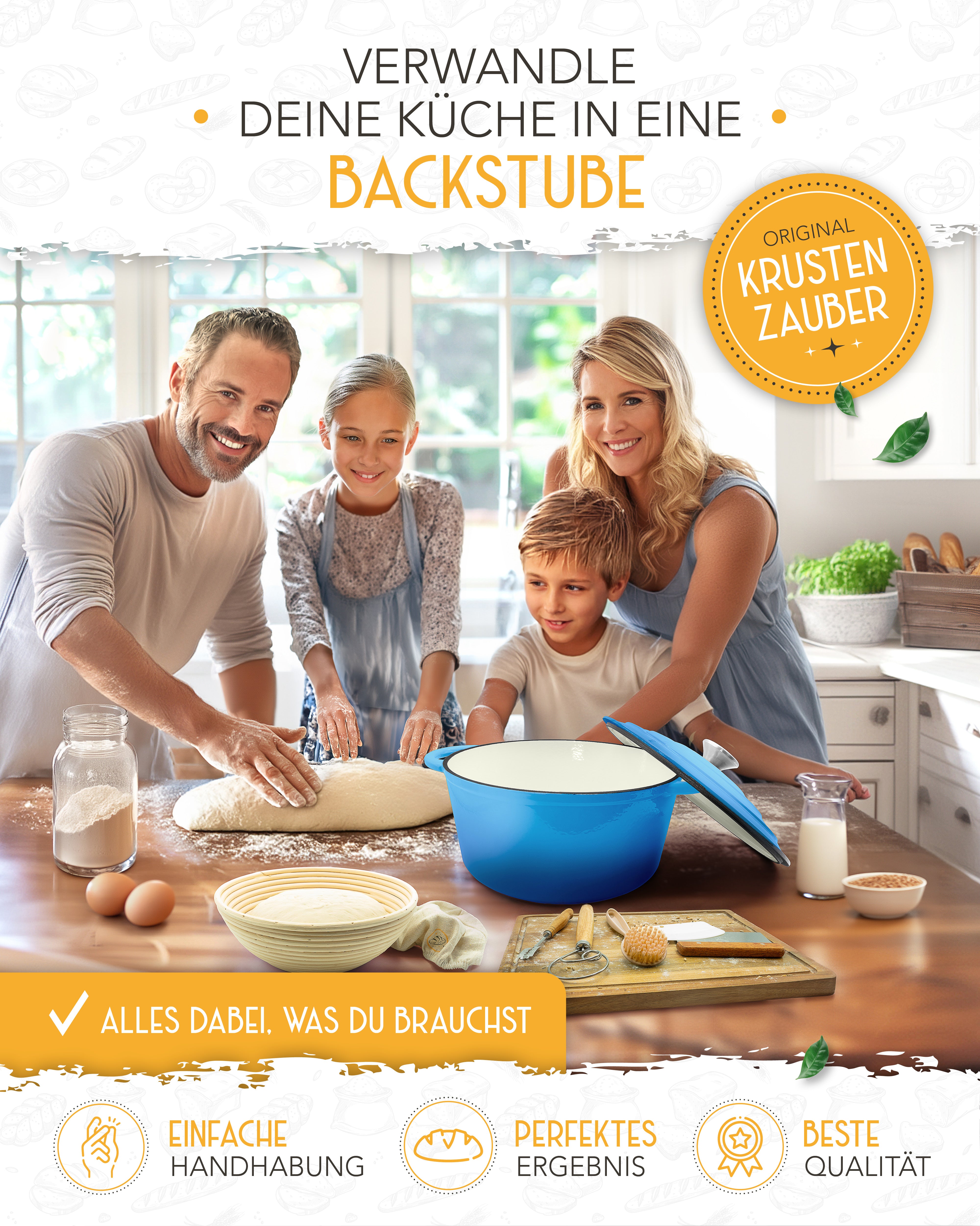 Einsteiger-Set – Gusseisentopf Emaille Blau 4,7 l, Zubehör & Rezept-Booklet