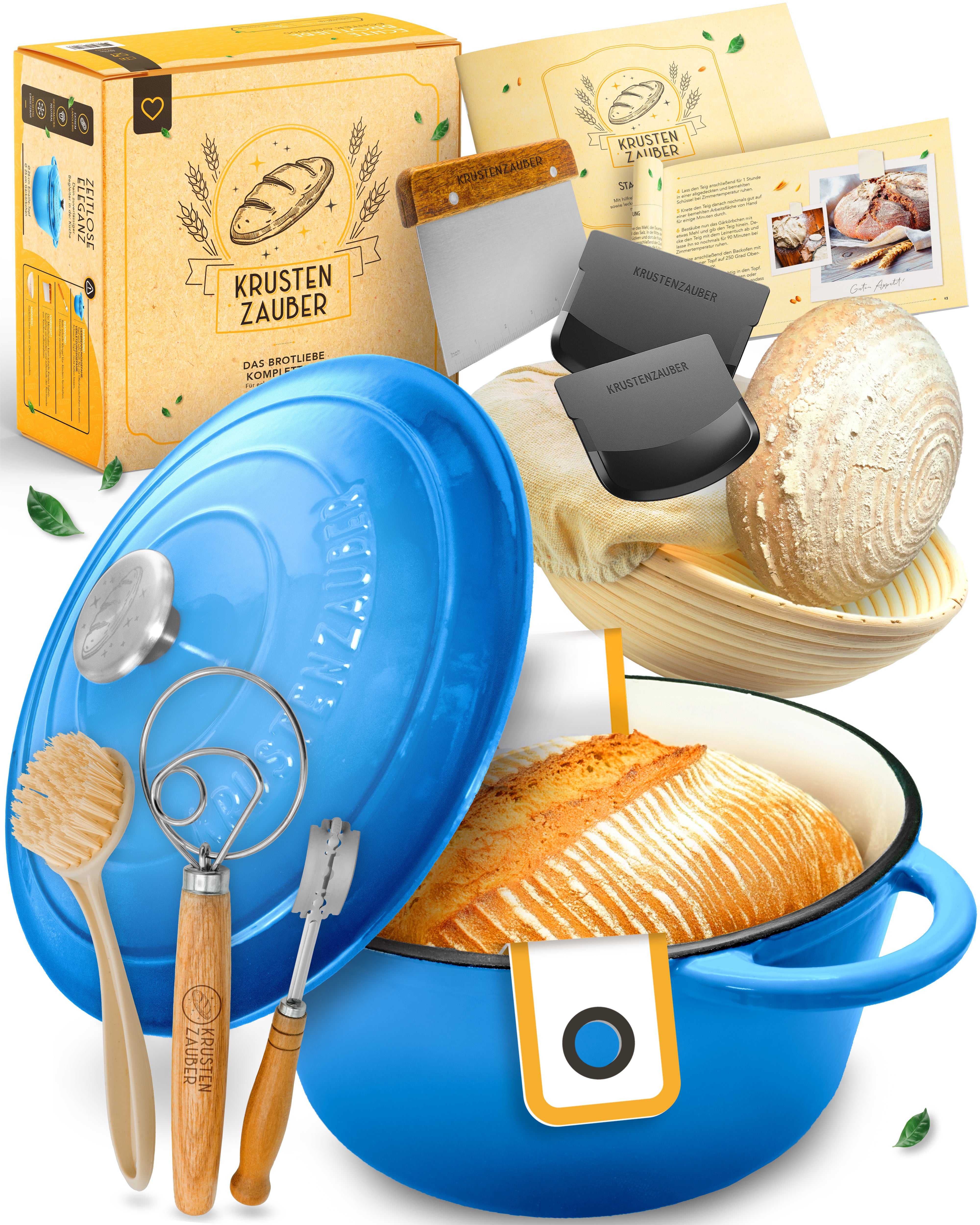 Einsteiger-Set – Gusseisentopf Emaille Blau 4,7 l, Zubehör & Rezept-Booklet