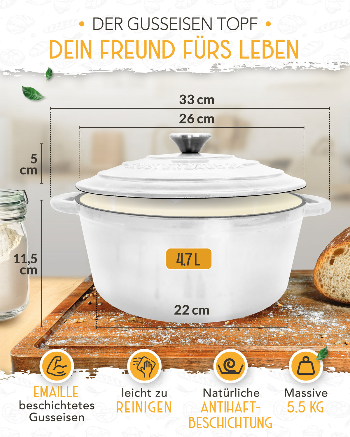 Einsteiger-Set – Gusseisentopf Emaille Weiß 4,7 l, Zubehör & Rezept-Booklet