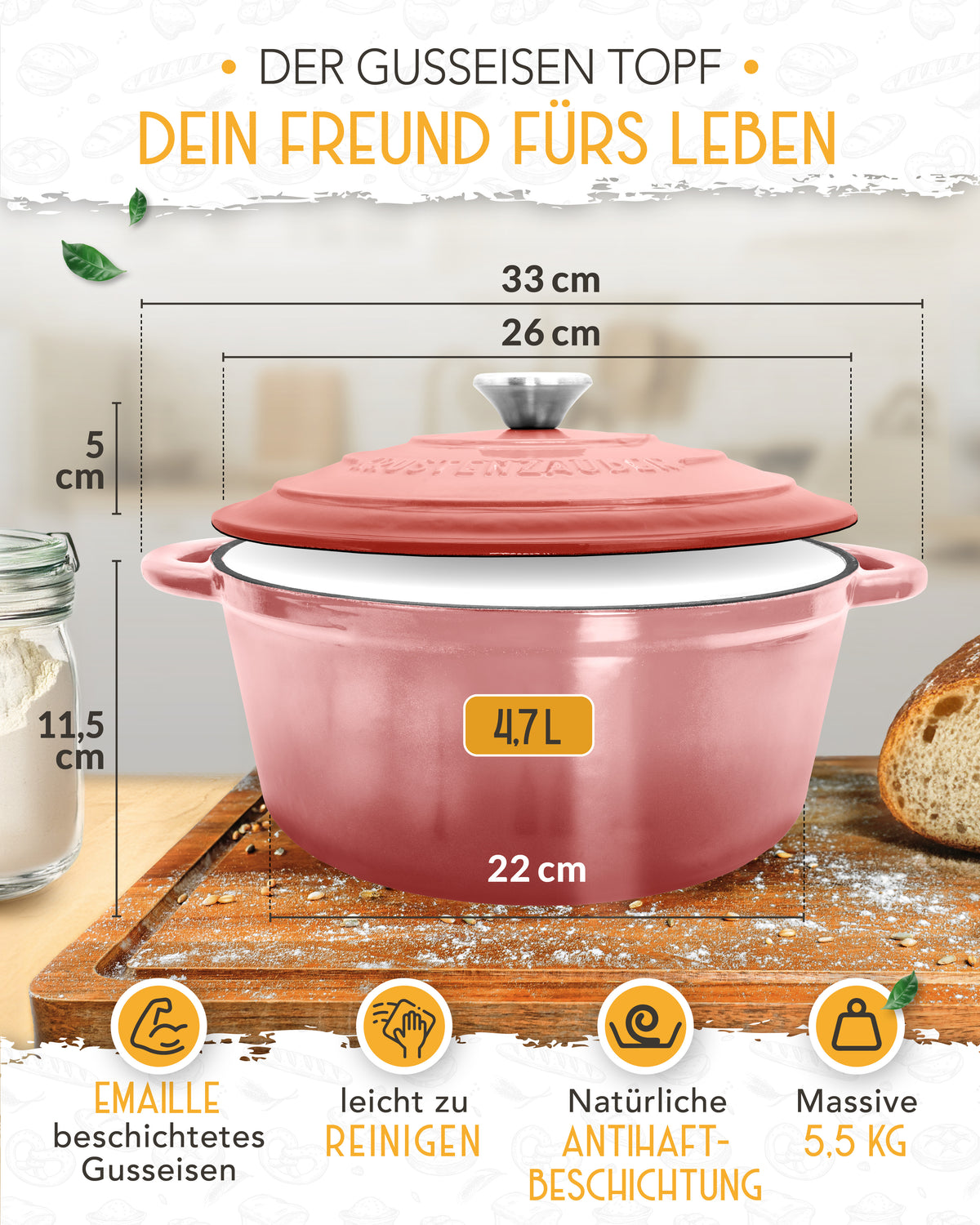 Einsteiger-Set – Gusseisentopf Emaille Rosa 4,7 l, Zubehör & Rezept-Booklet