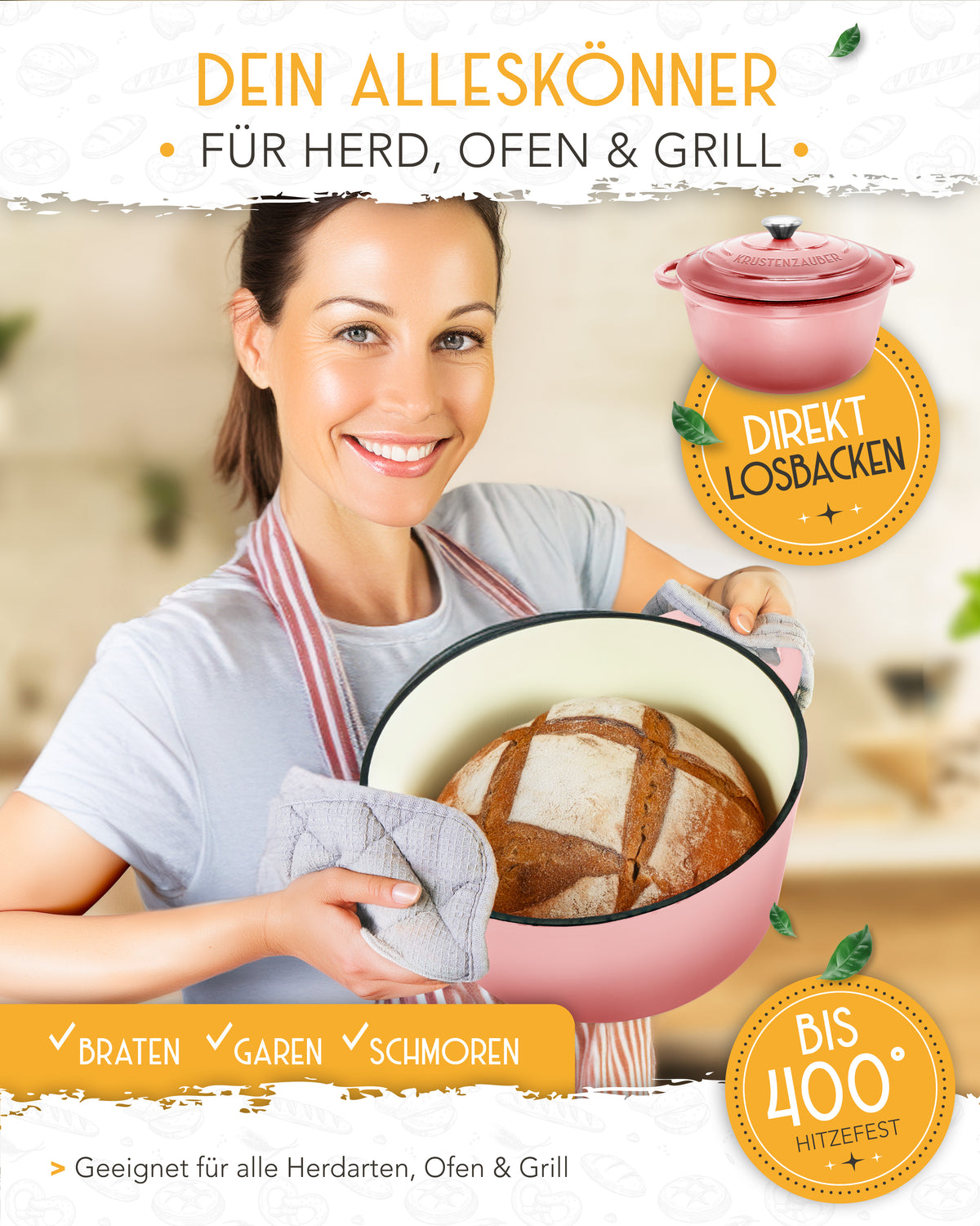 Einsteiger-Set – Gusseisentopf Emaille Rosa 4,7 l, Zubehör & Rezept-Booklet