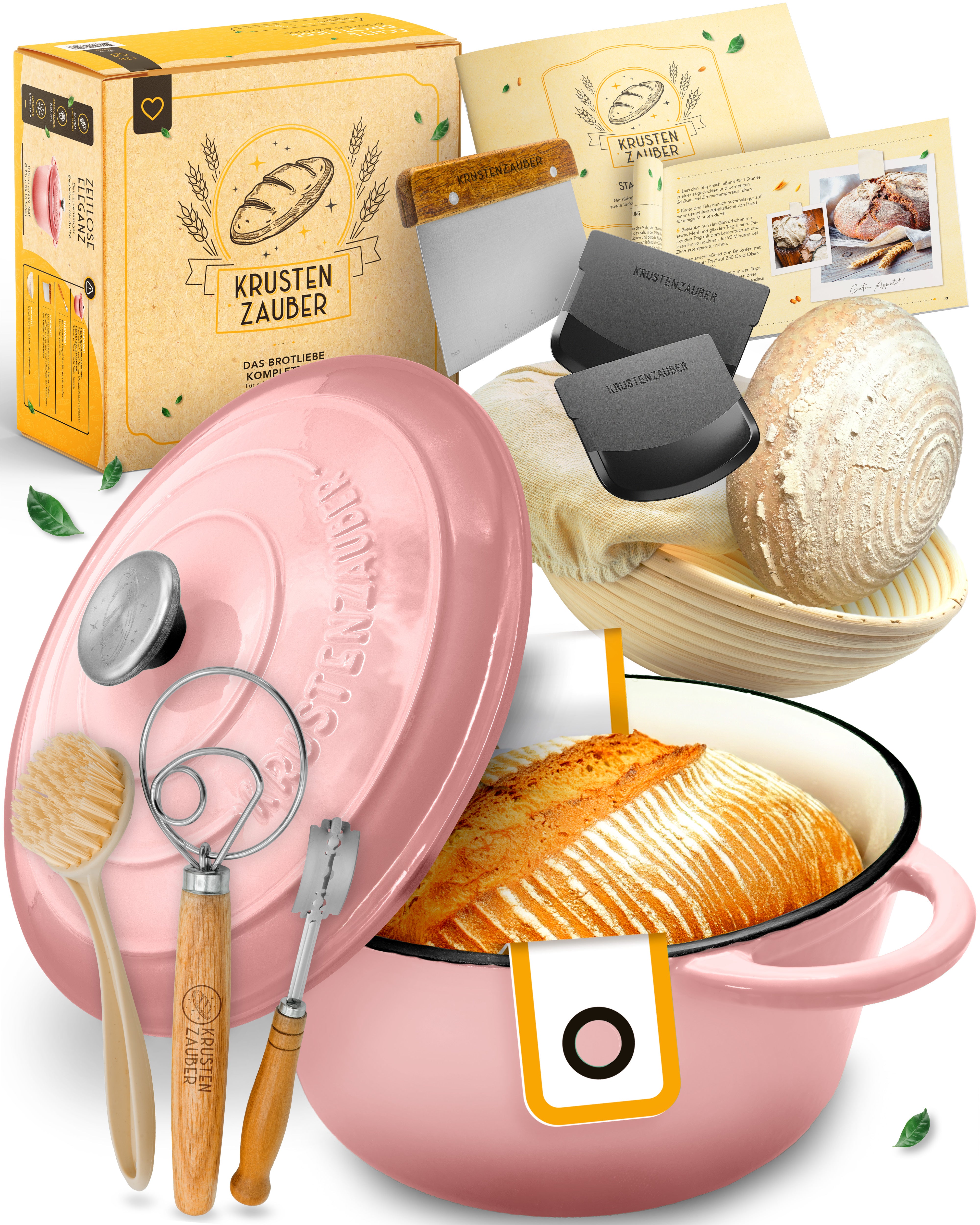 Einsteiger-Set – Gusseisentopf Emaille Rosa 4,7 l, Zubehör & Rezept-Booklet