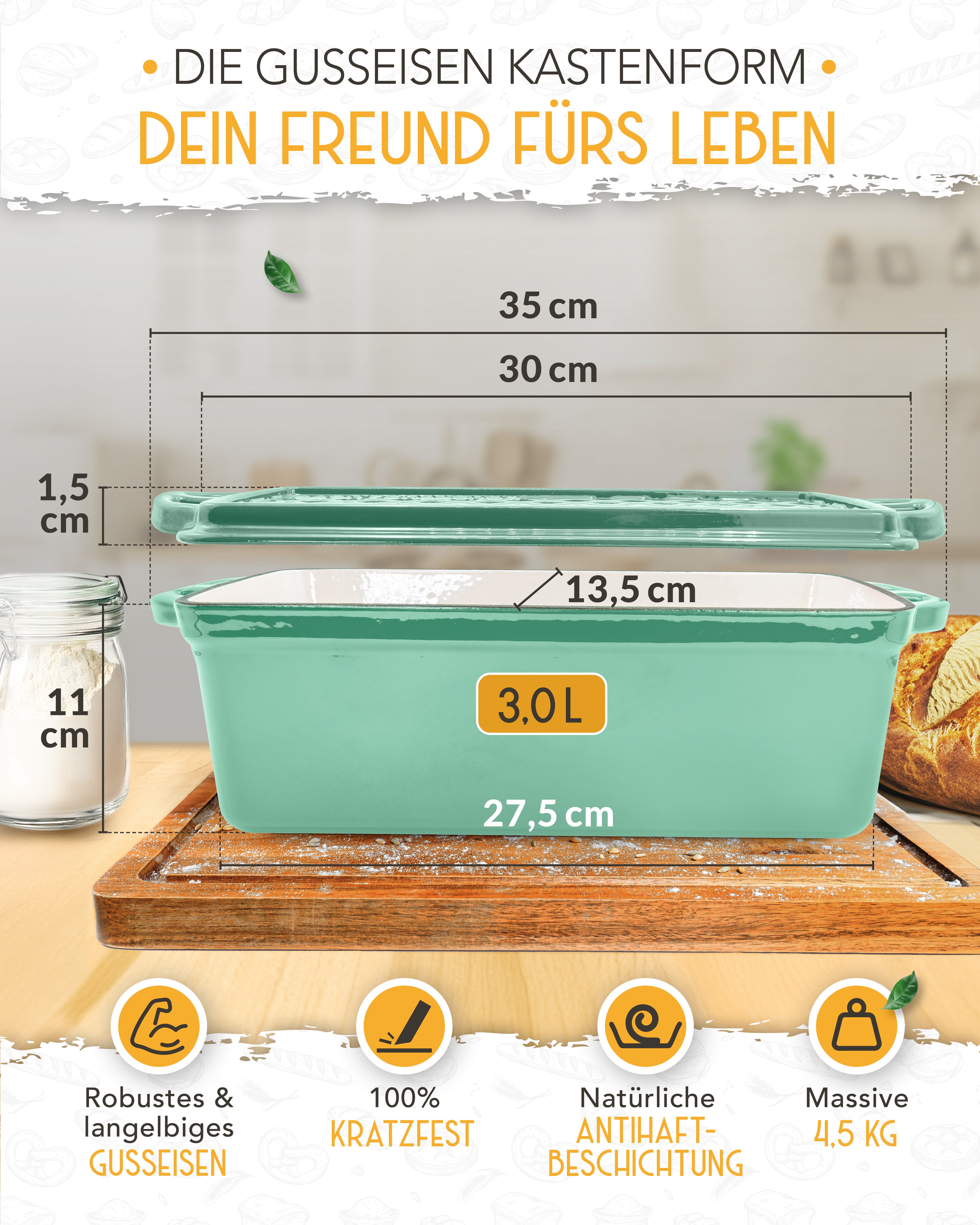 Einsteiger-Set – Emaille Brotbackform 28cm mit Deckel Mint, Zubehör & Rezept-Booklet