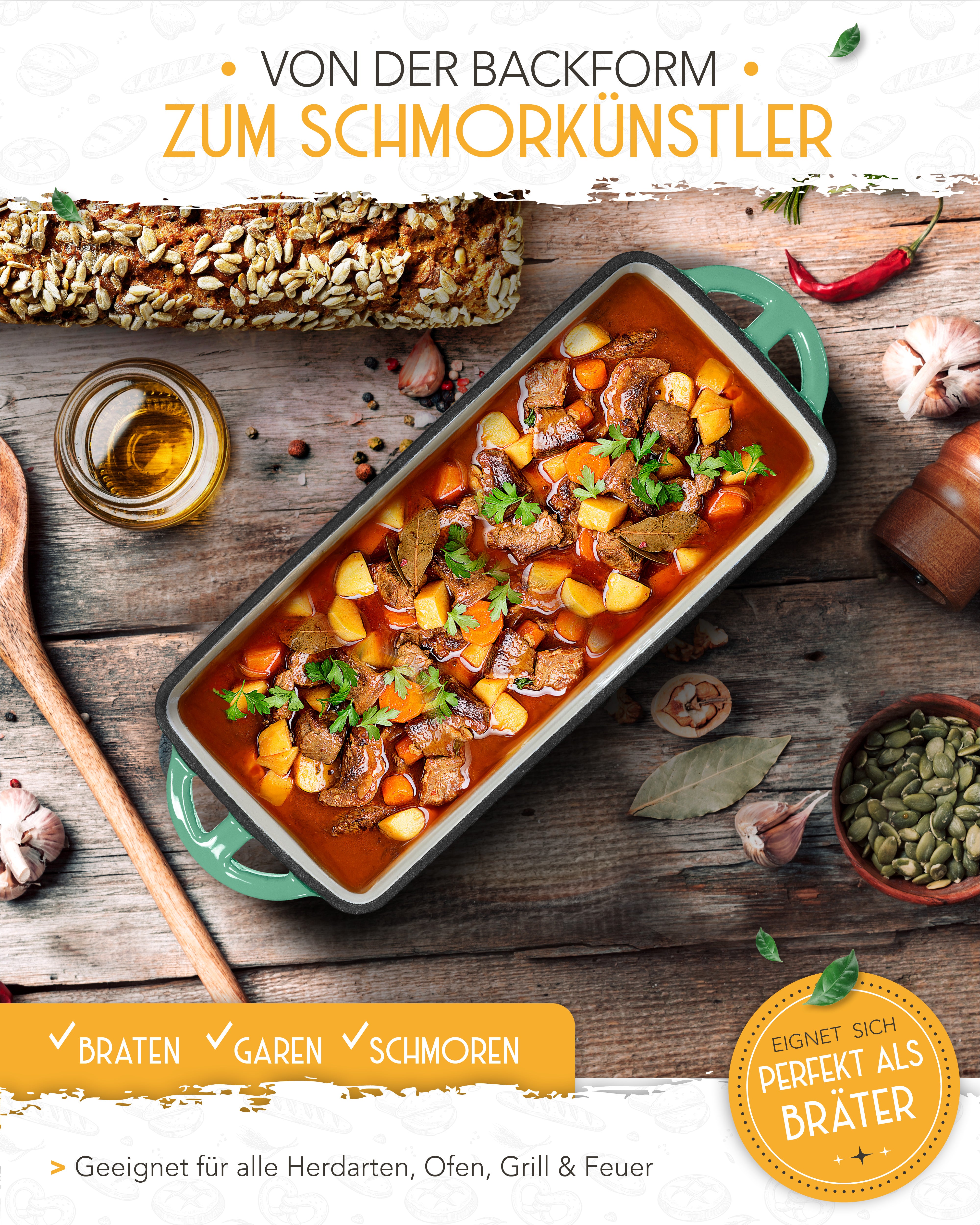 Einsteiger-Set – Emaille Brotbackform 28cm mit Deckel Mint, Zubehör & Rezept-Booklet