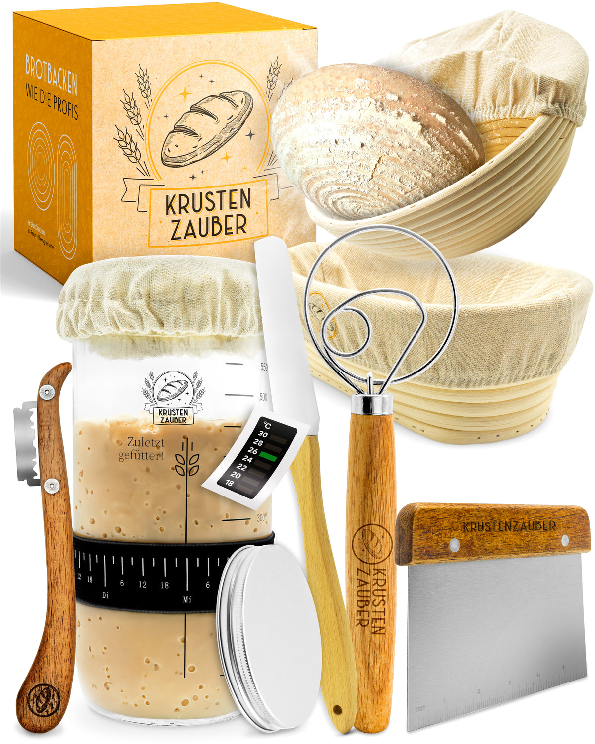 Vorteilspack - 2x Gärkörbchen, 600ml Sauerteig Starter Set, Bäckermesser, Spatel, Teigbesen, Teigkarte