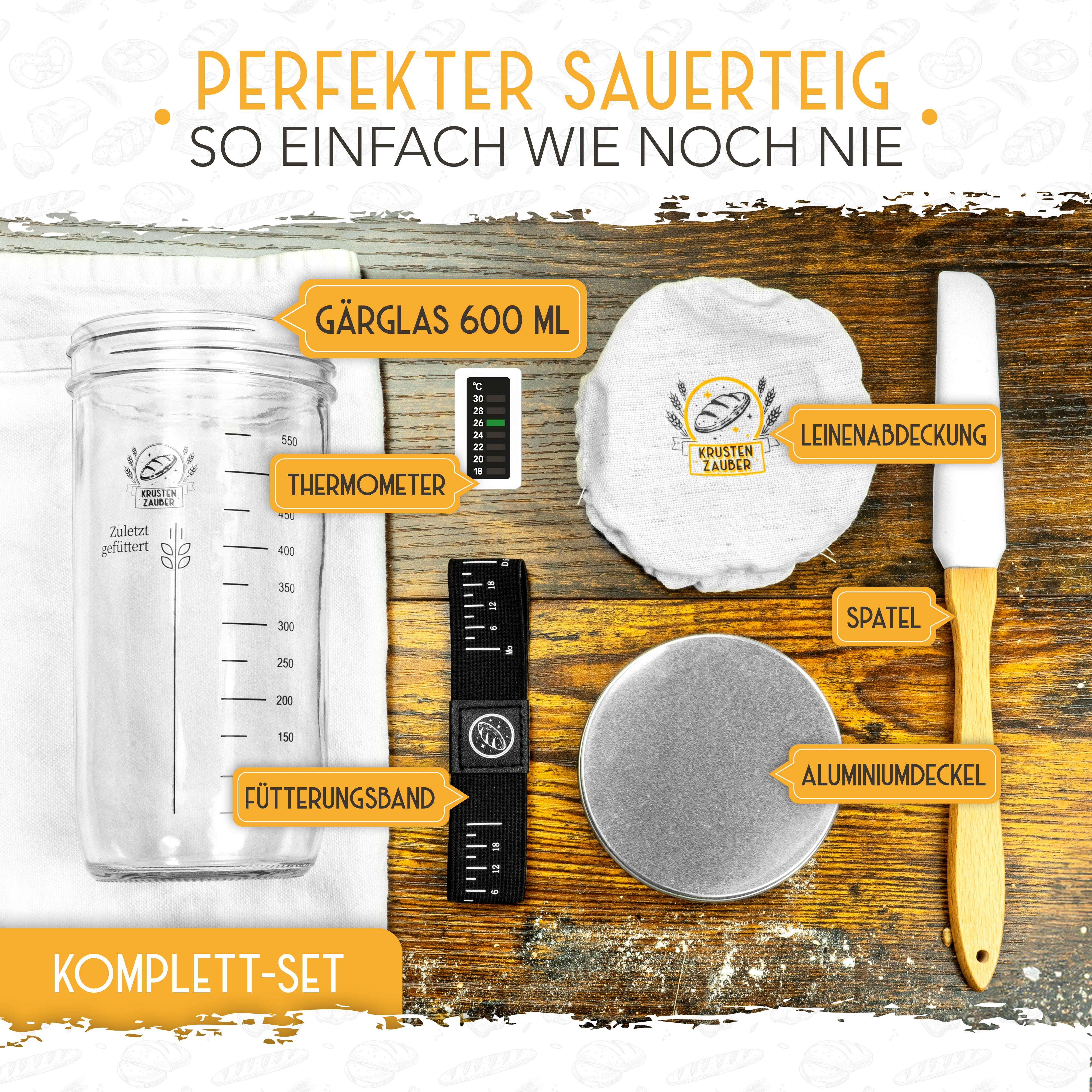 Vorteilspack - 2x Gärkörbchen, 600ml Sauerteig Starter Set, Bäckermesser, Spatel