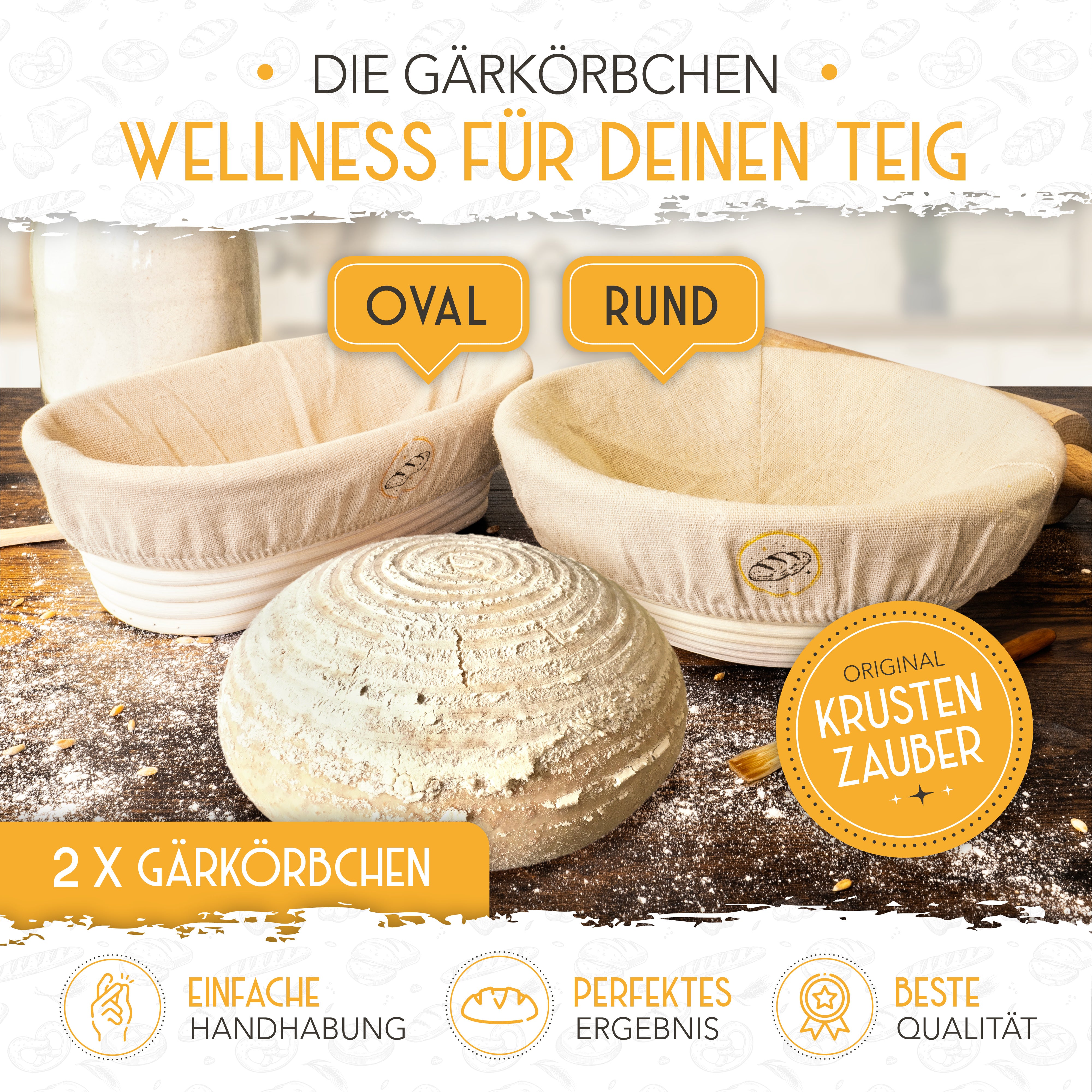 Vorteilspack - 2x Gärkörbchen, 600ml Sauerteig Starter Set, Bäckermesser, Spatel