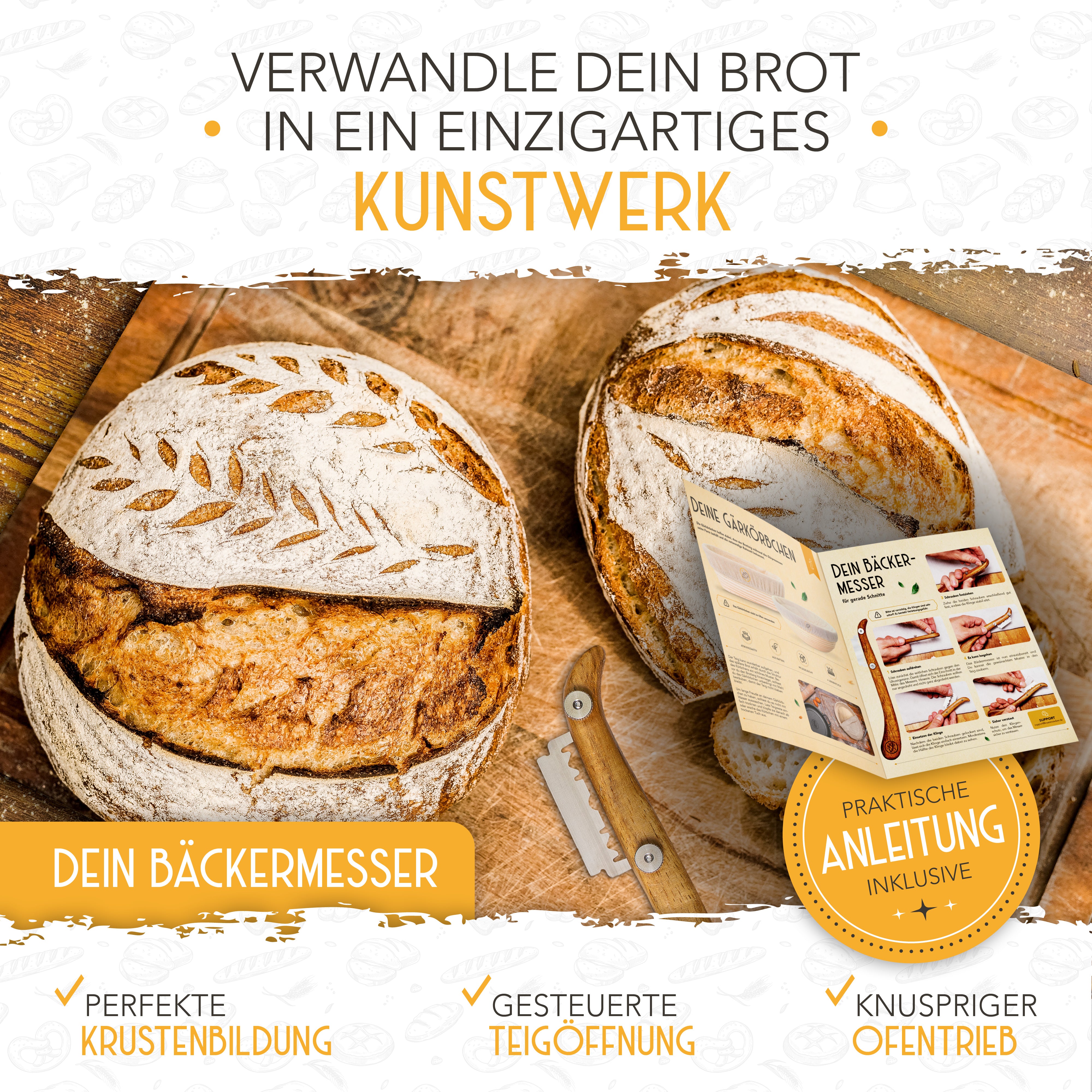 Vorteilspack - 2x Gärkörbchen, 600ml Sauerteig Starter Set, Bäckermesser, Spatel