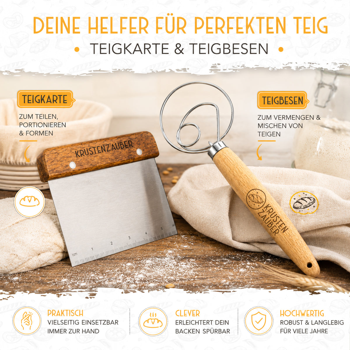 Vorteilspack - 2x Gärkörbchen, 600ml Sauerteig Starter Set, Bäckermesser, Spatel, Teigbesen, Teigkarte