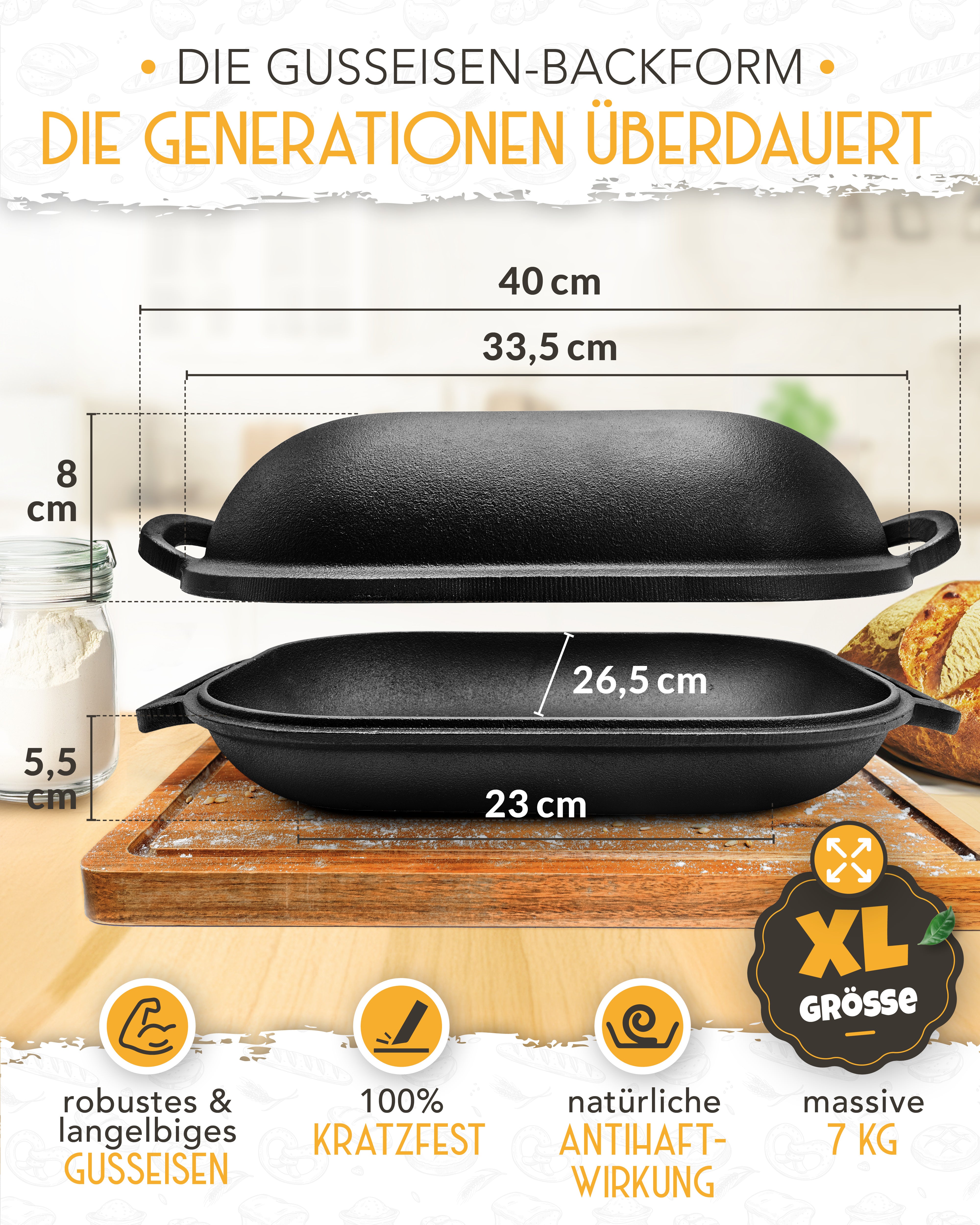 2-in-1 Gusseisen Bräter 40cm mit Deckel inkl. Gärkorb