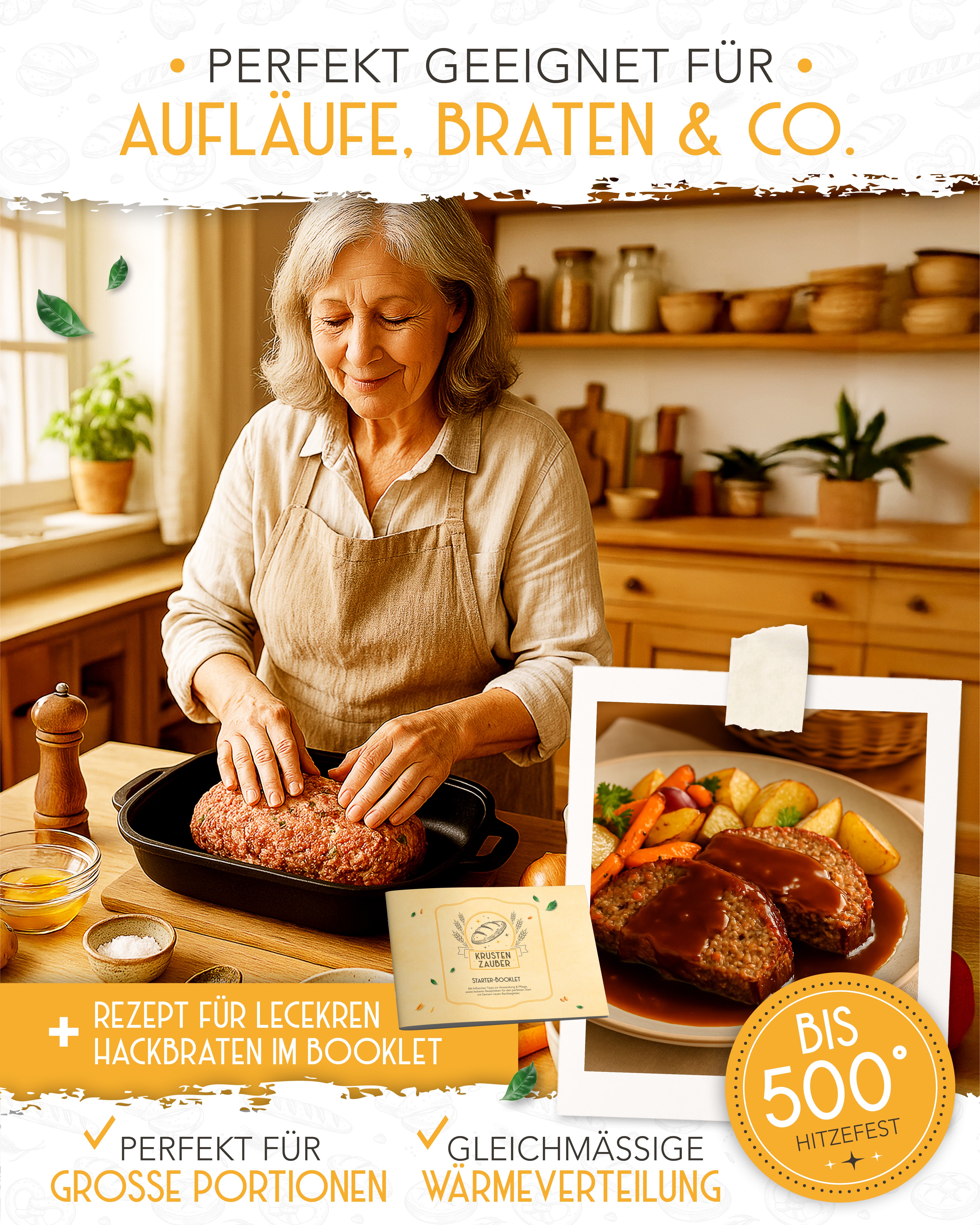 2-in-1 Gusseisen Bräter 40cm mit Deckel inkl. Gärkorb