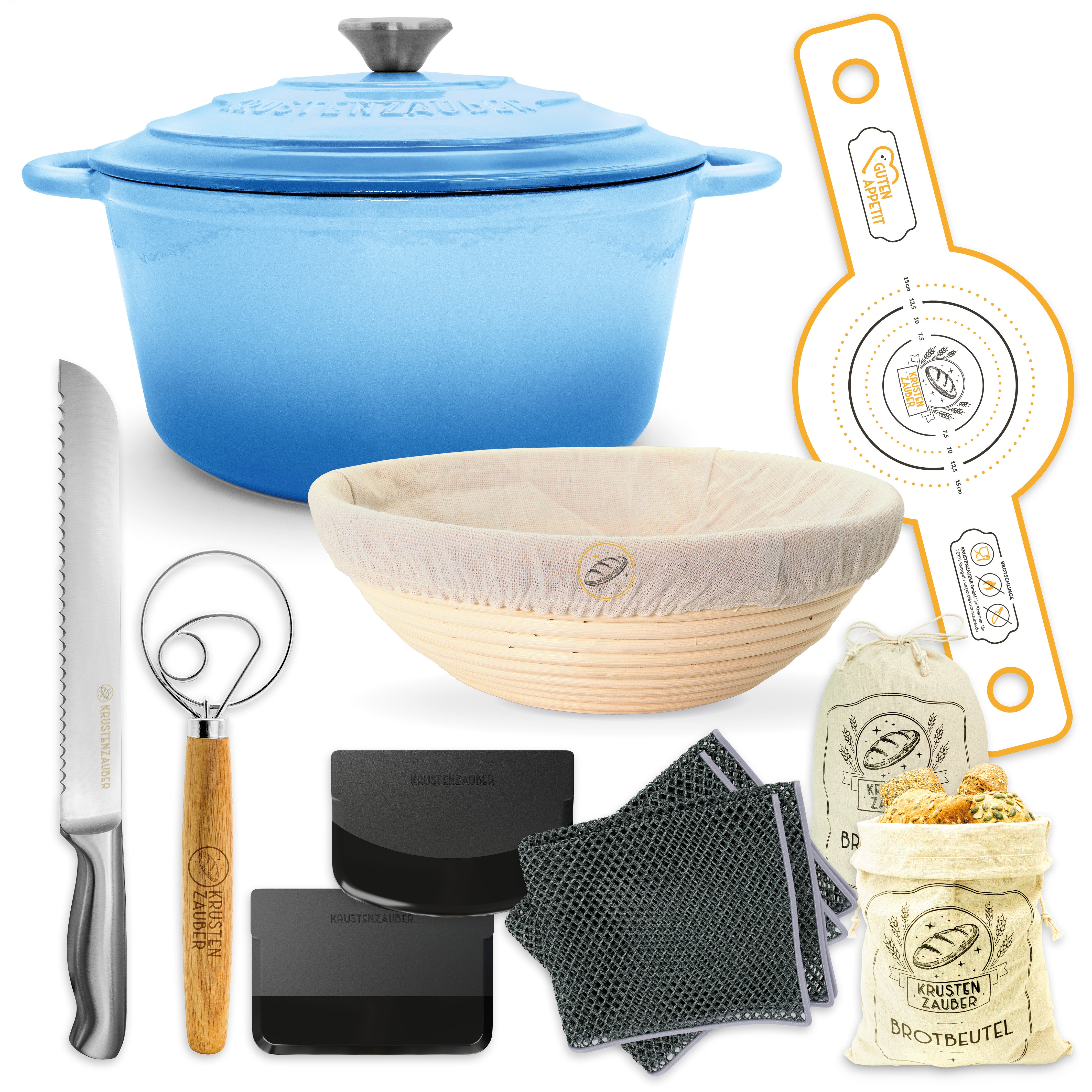 Einsteiger-Set – Gusseisentopf Emaille Blau 4,7 l, Zubehör & Rezept-Booklet