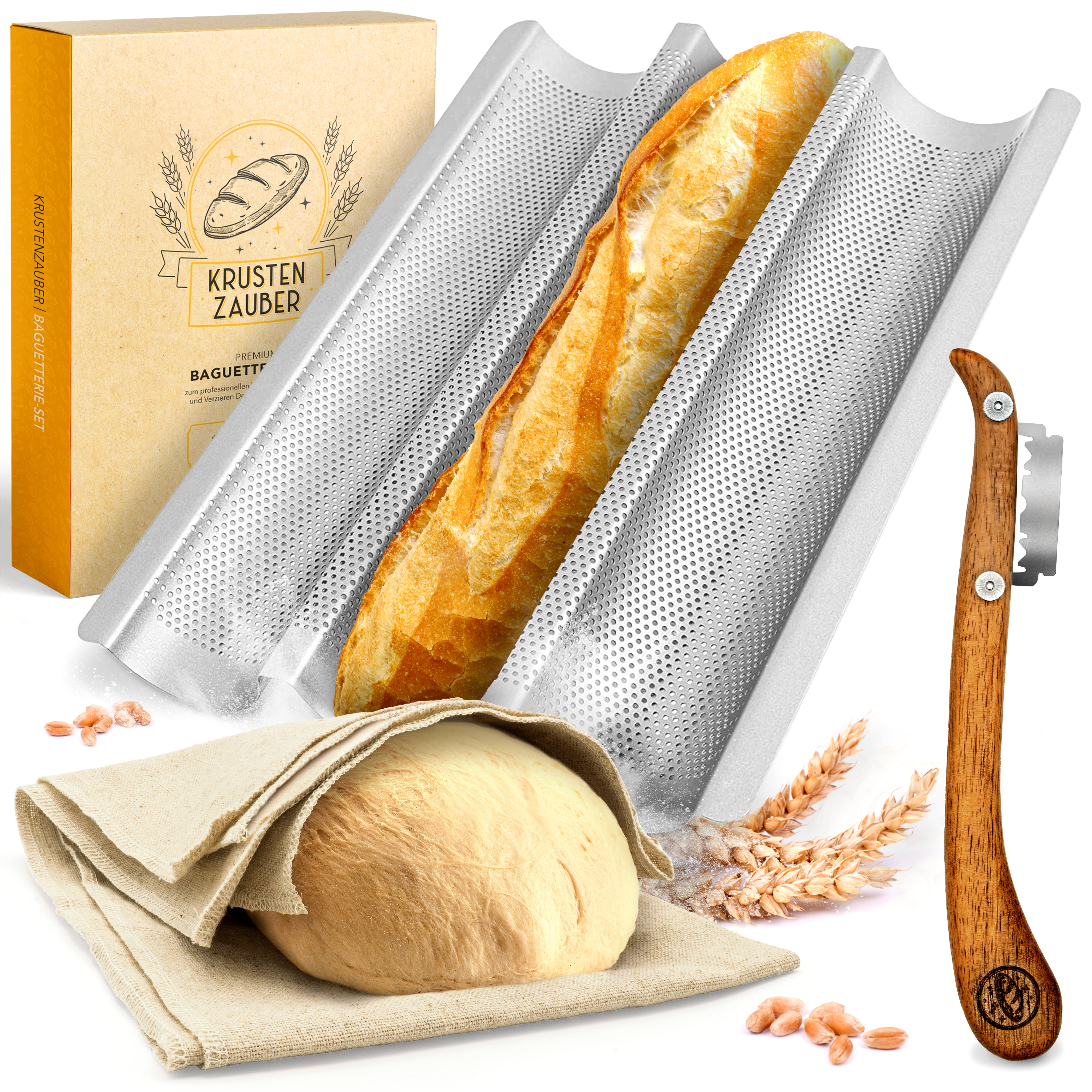 Baguette Backform (3 Mulden) + Bäckermesser + Bäckerleinen