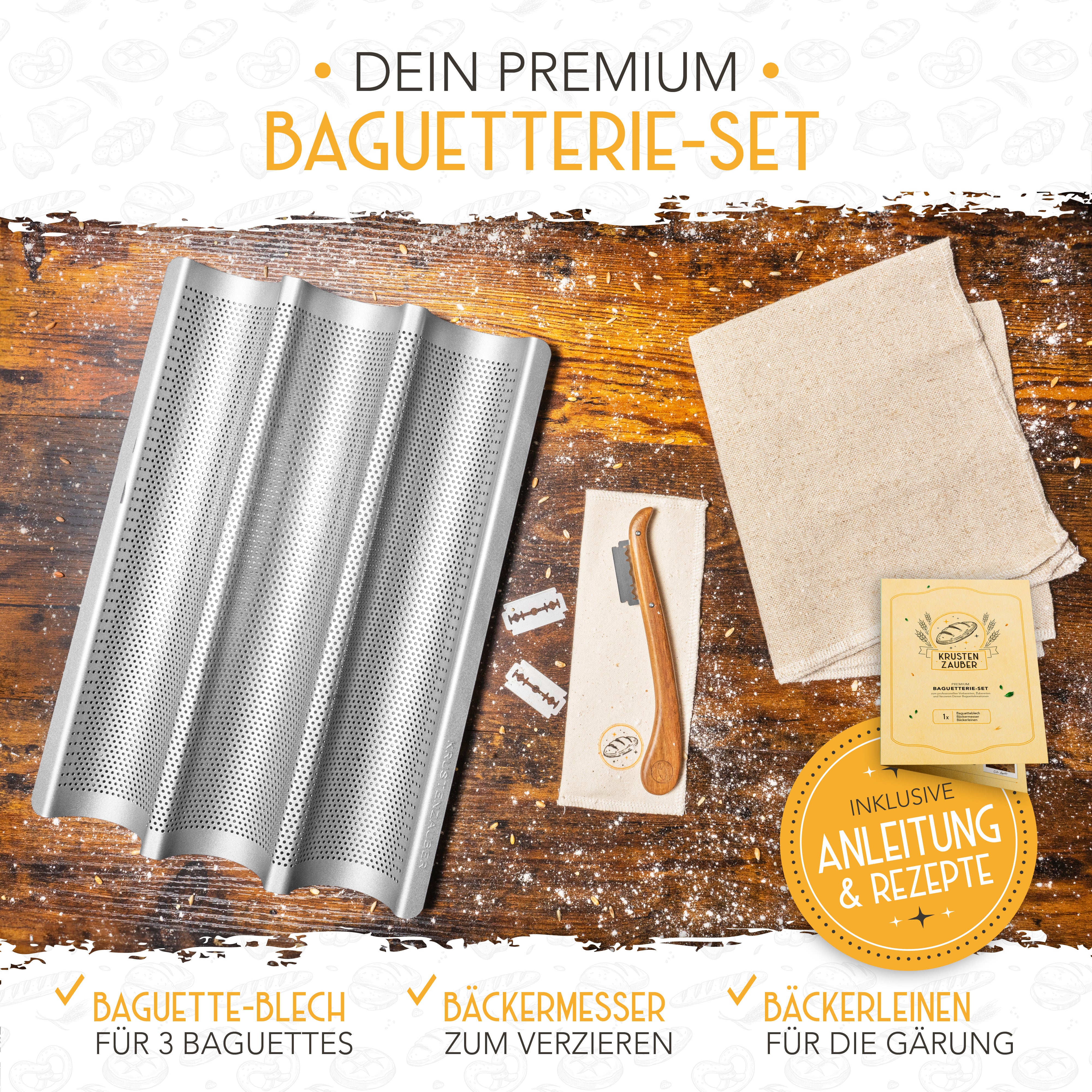 Baguette Backform (3 Mulden) + Bäckermesser + Bäckerleinen