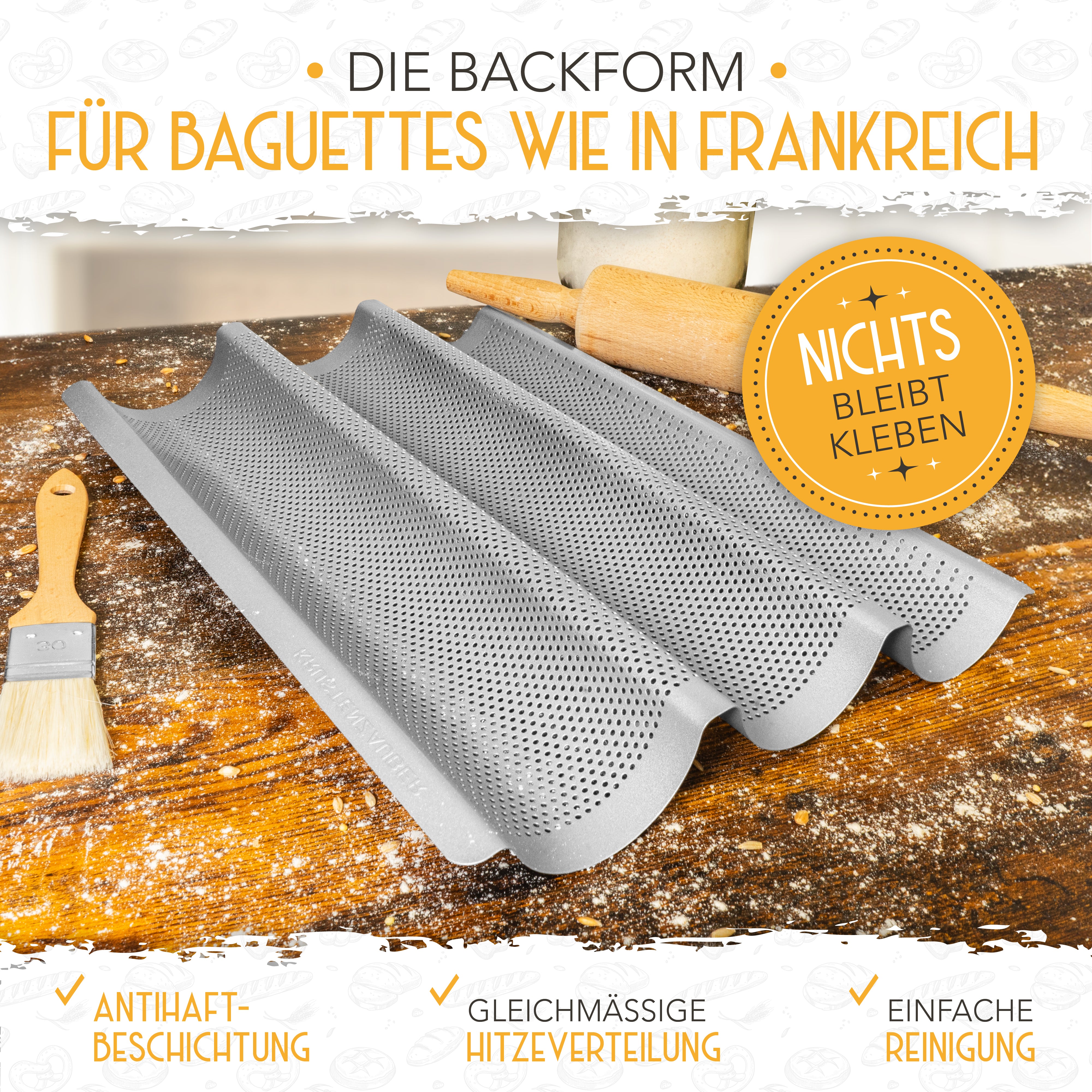 Baguette Backform (3 Mulden) + Bäckermesser + Bäckerleinen