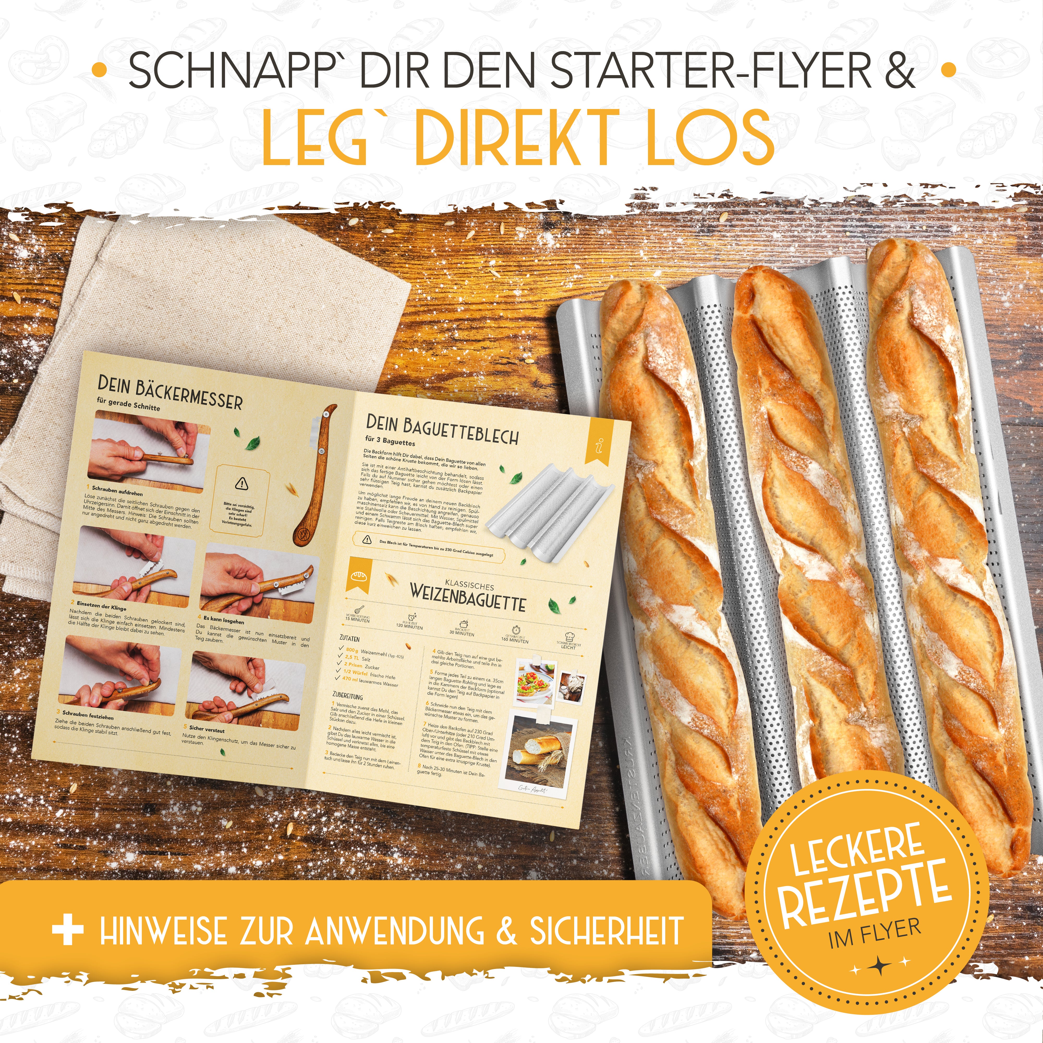 Baguette Backform (3 Mulden) + Bäckermesser + Bäckerleinen