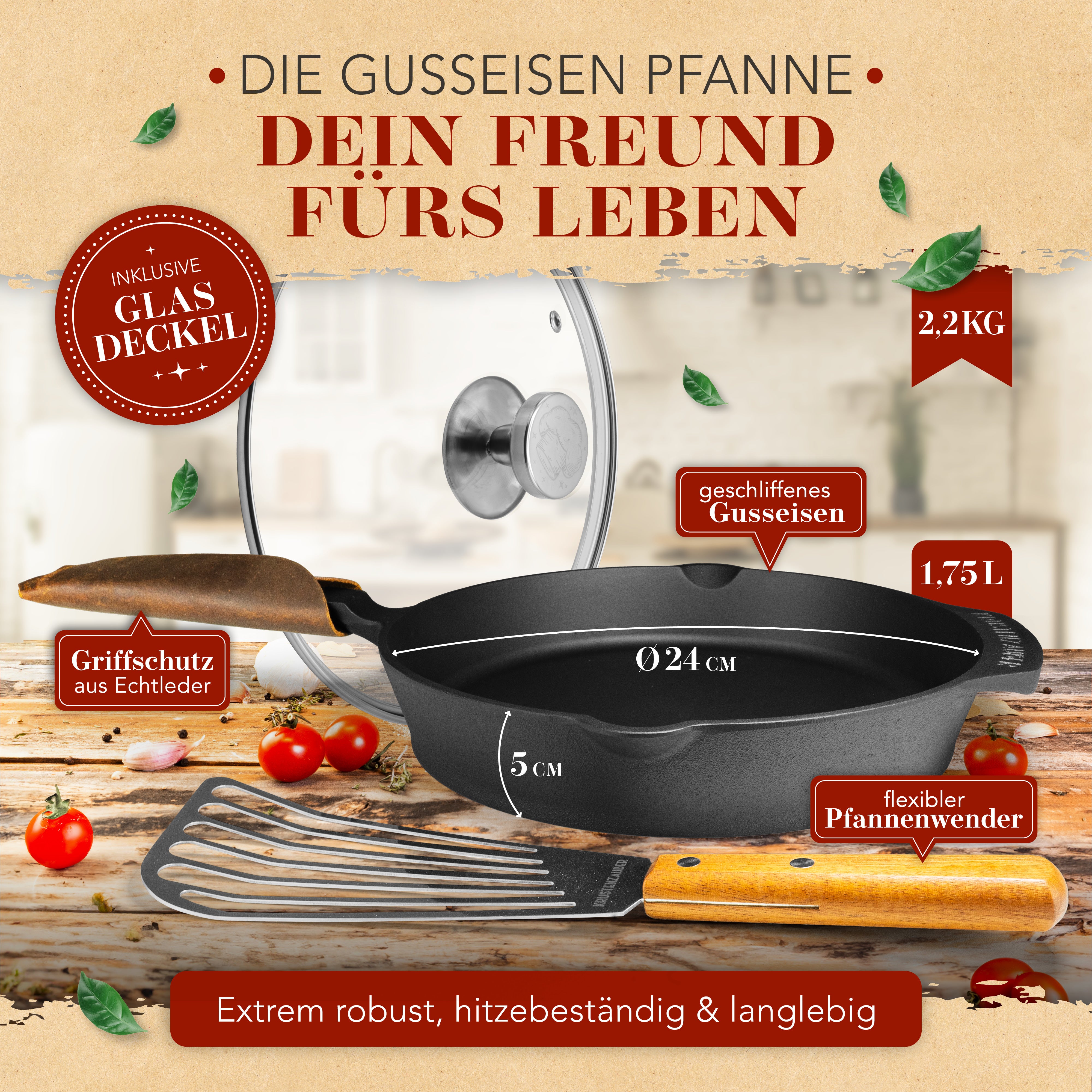 Gusseisenpfanne 24cm mit Deckel und Pfannenwender