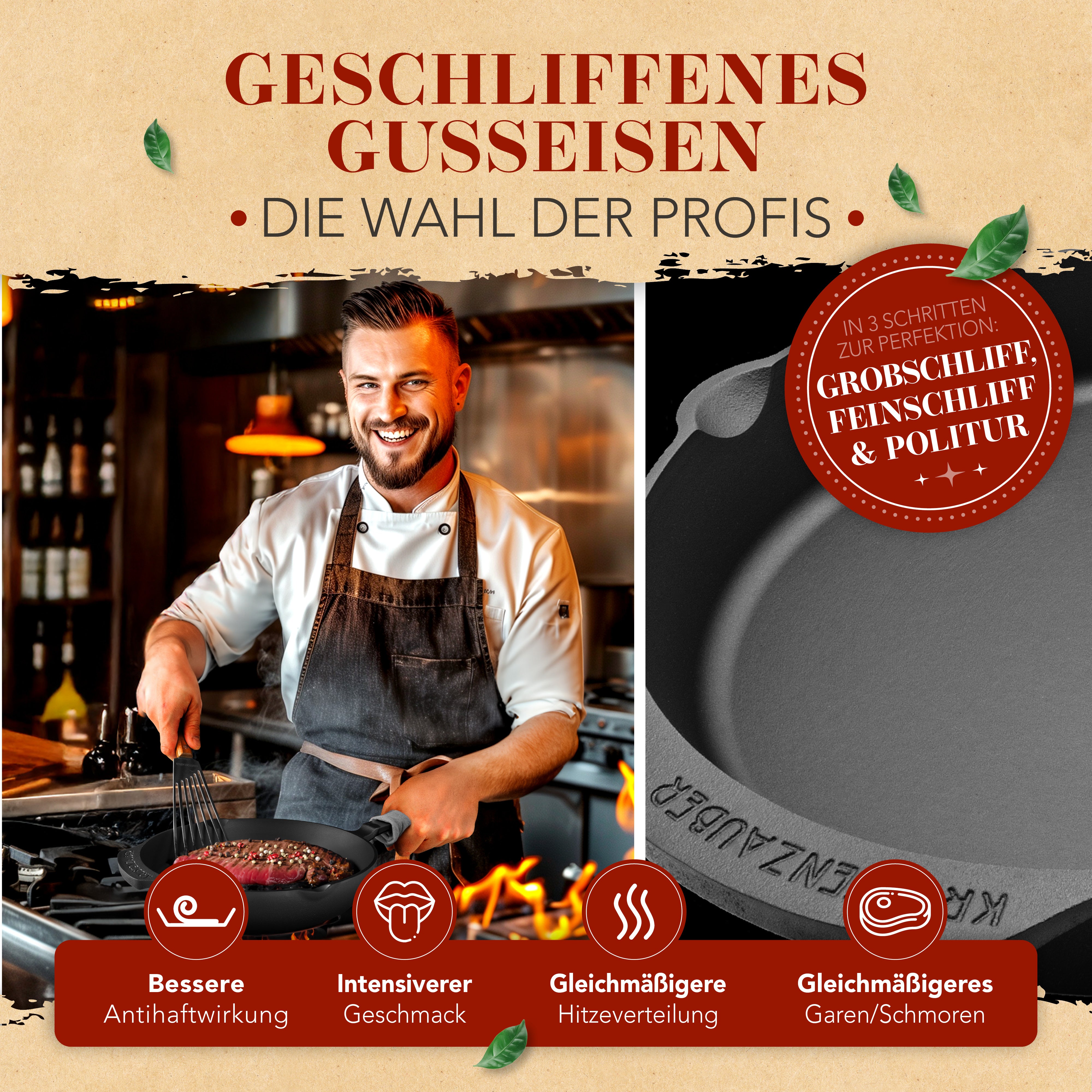 Gusseisenpfanne 24cm mit Deckel und Pfannenwender