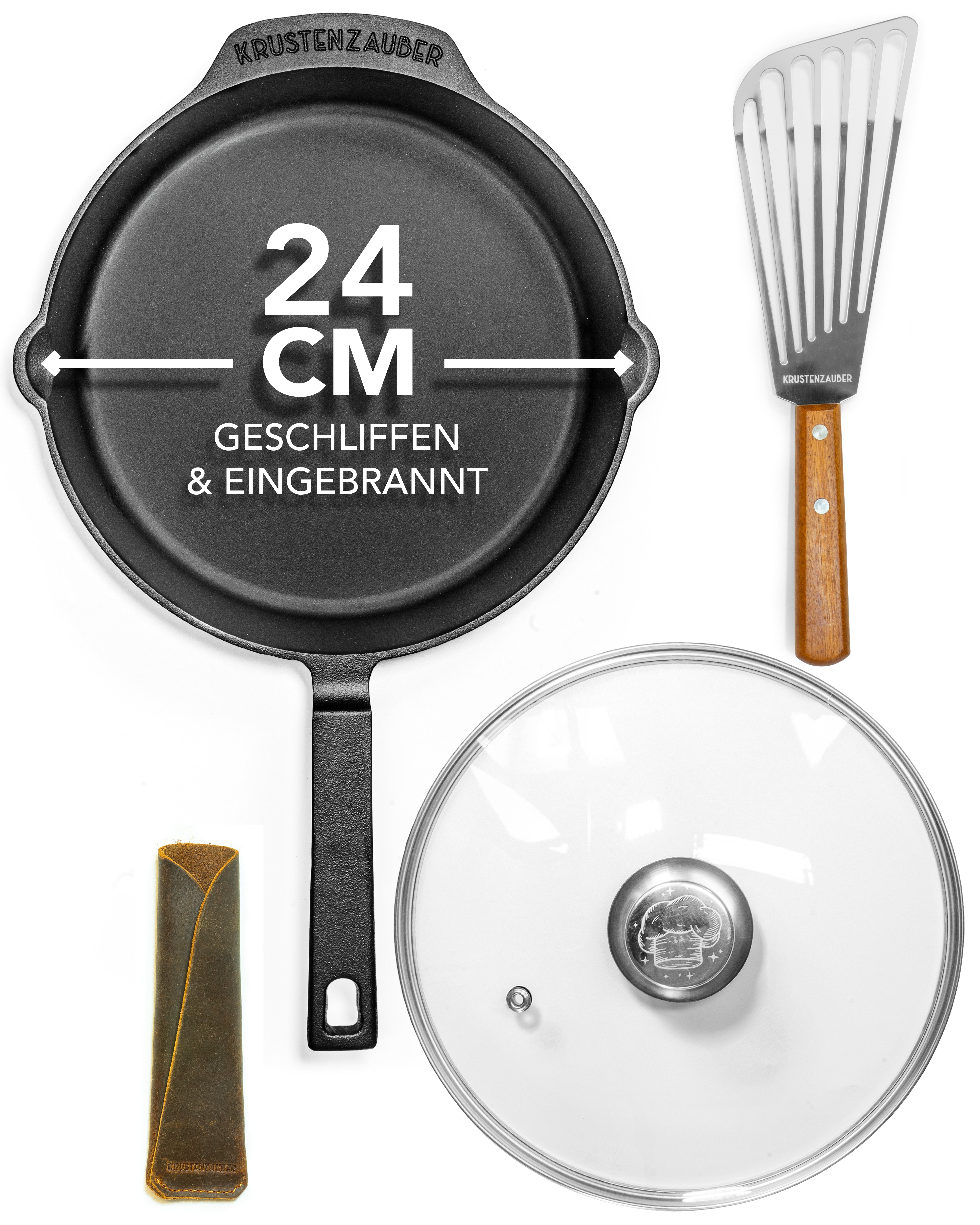 Gusseisenpfanne 24cm mit Deckel und Pfannenwender