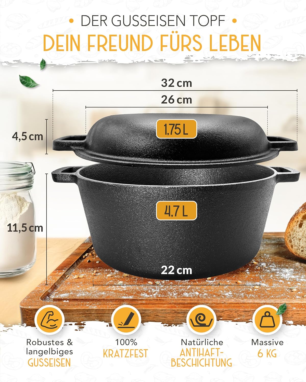 26cm Gusseisen Topf Brot backen - Einzeln