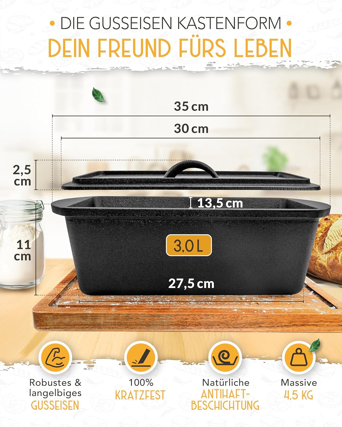 Rechteckige 28cm Backform aus Gusseisen mit Deckel - Einzeln