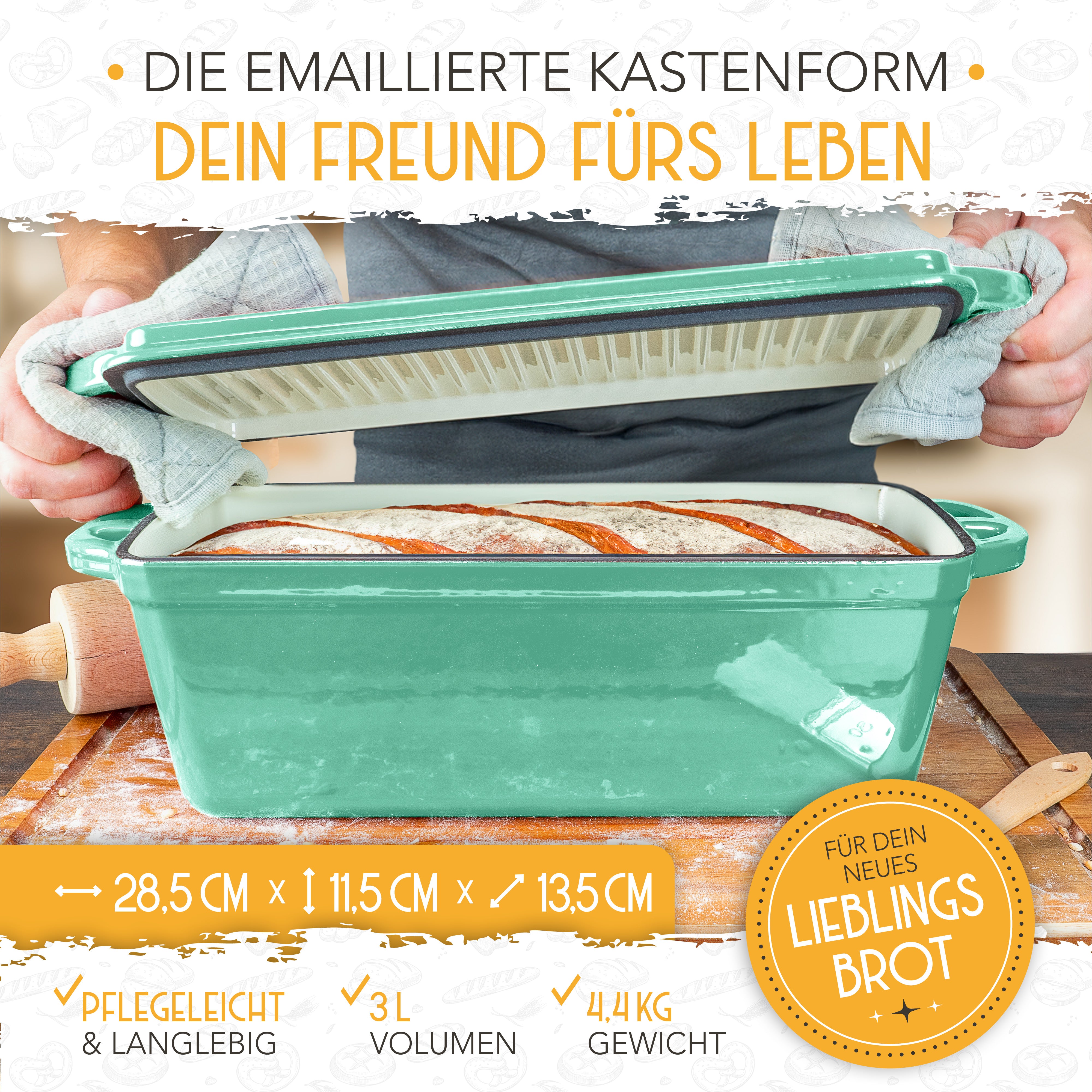 Emaille Brotbackform 28cm mit Deckel in Mint