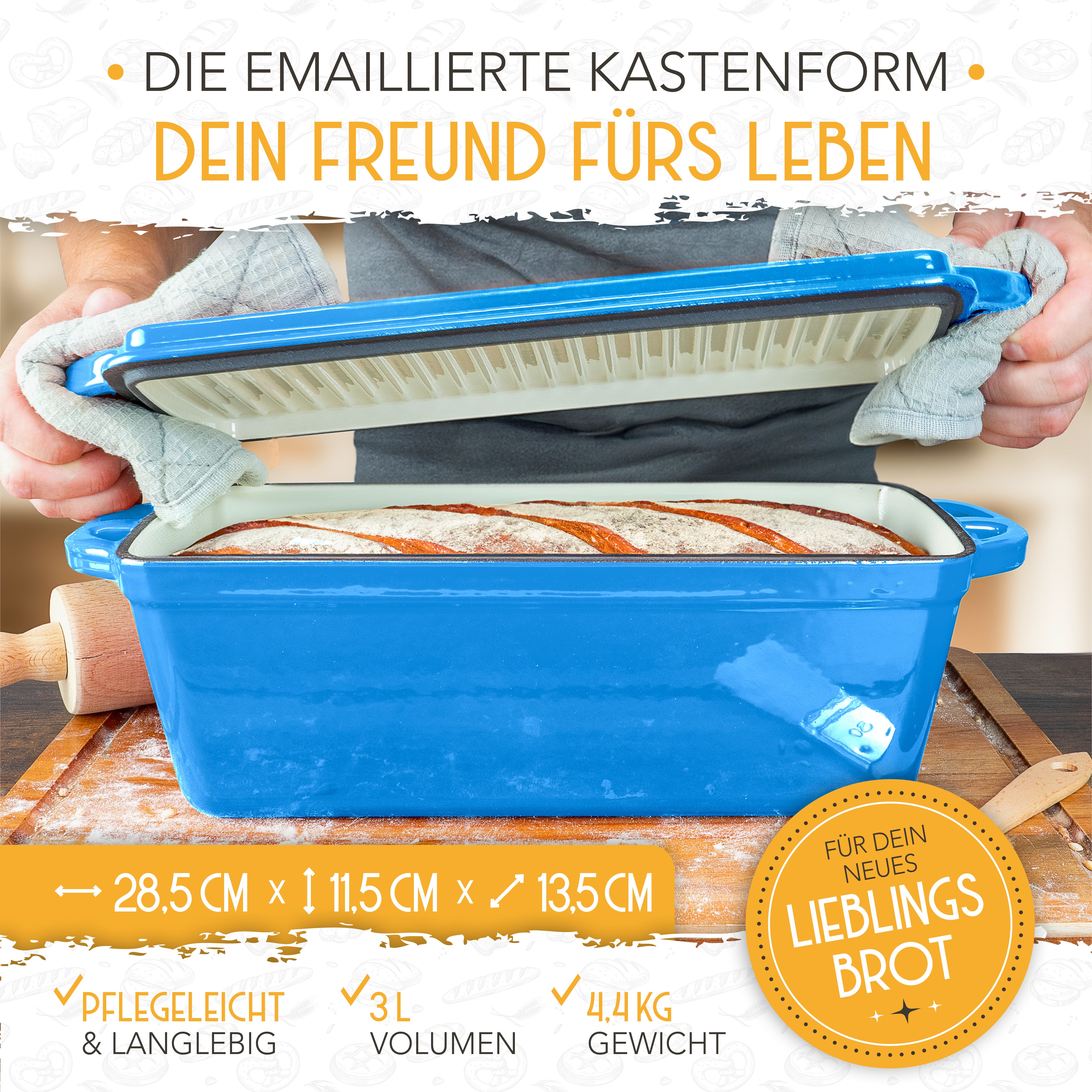 Emaille Brotbackform 28cm mit Deckel in Blau
