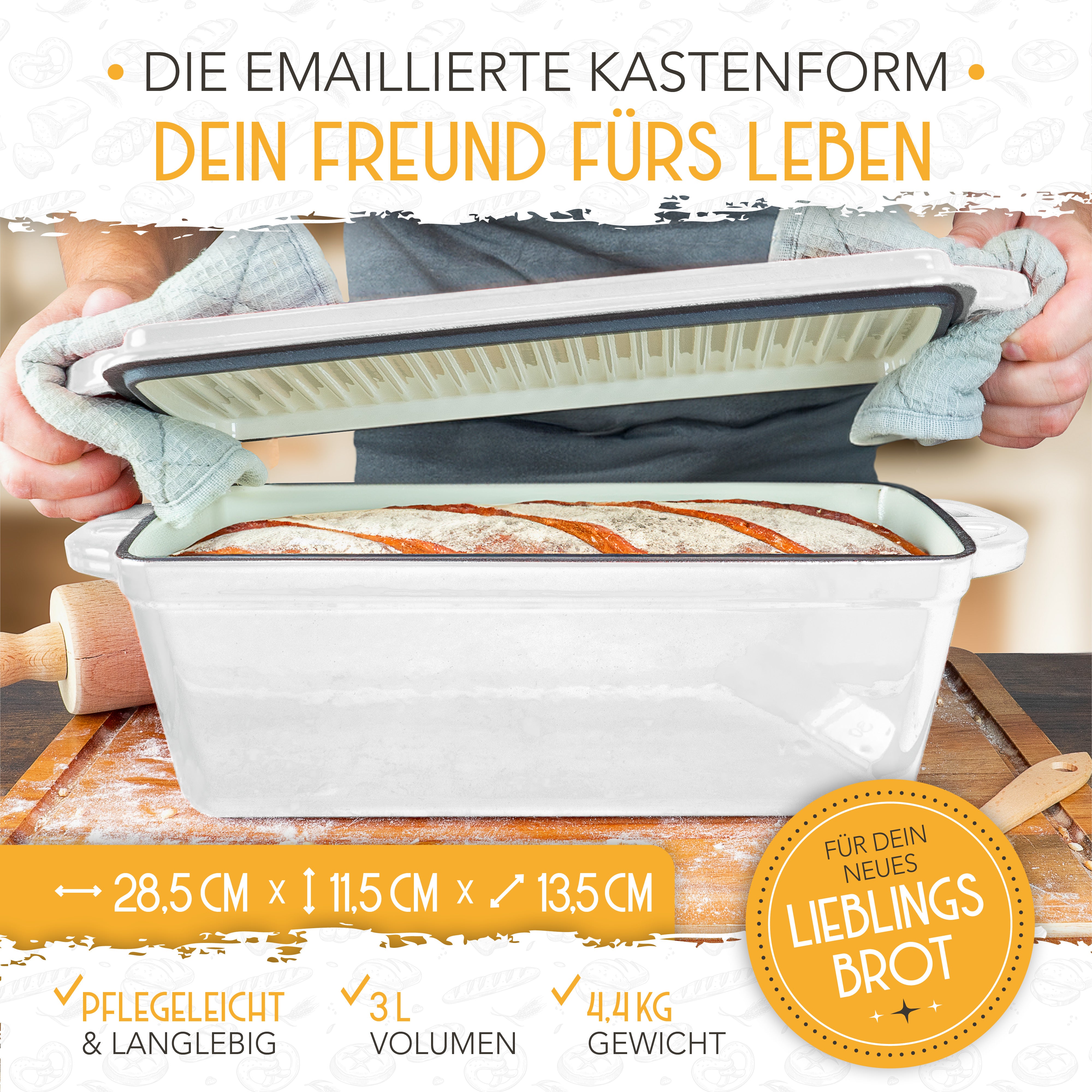 Emaille Brotbackform 28cm mit Deckel in Weiß