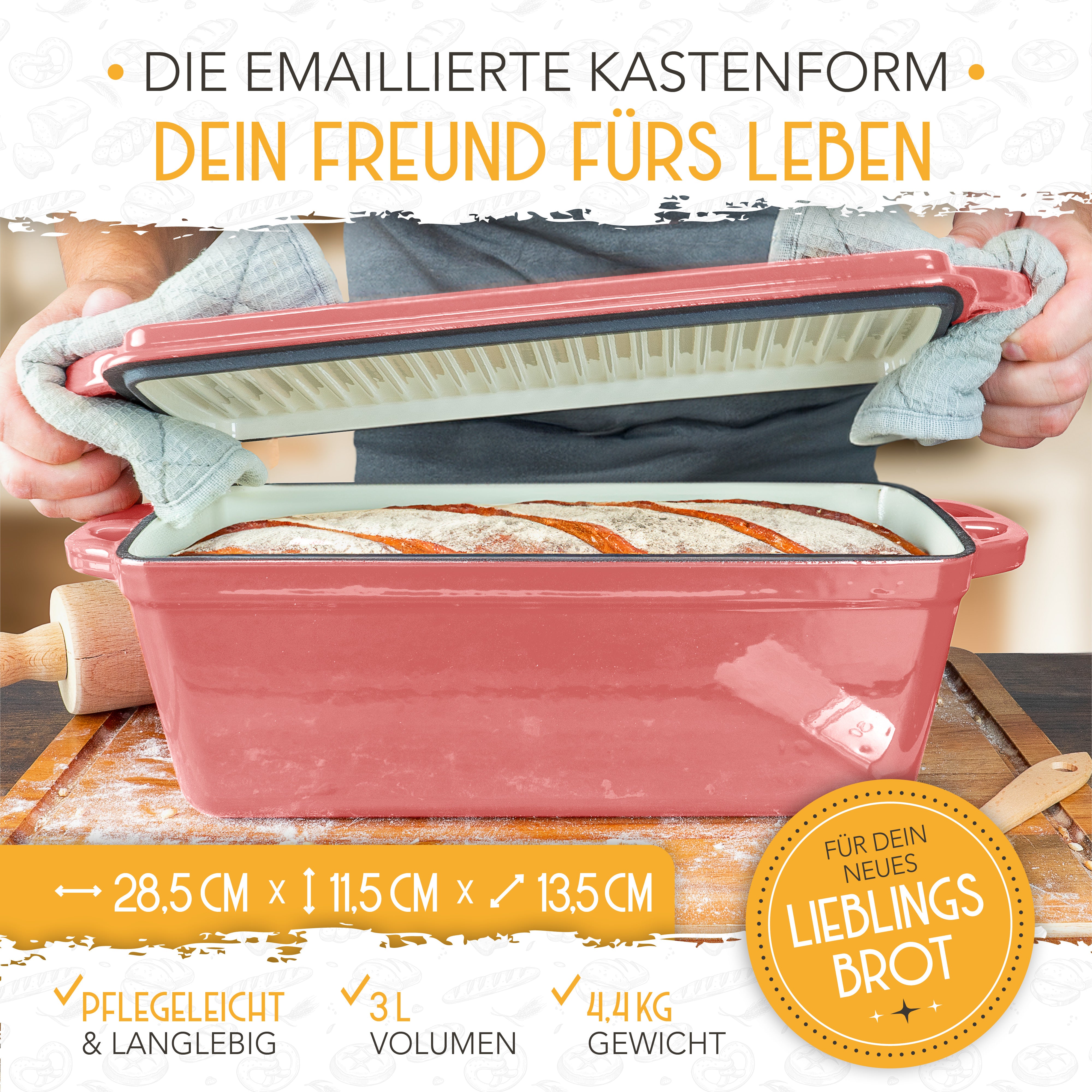 Emaille Brotbackform 28cm mit Deckel in Rosa