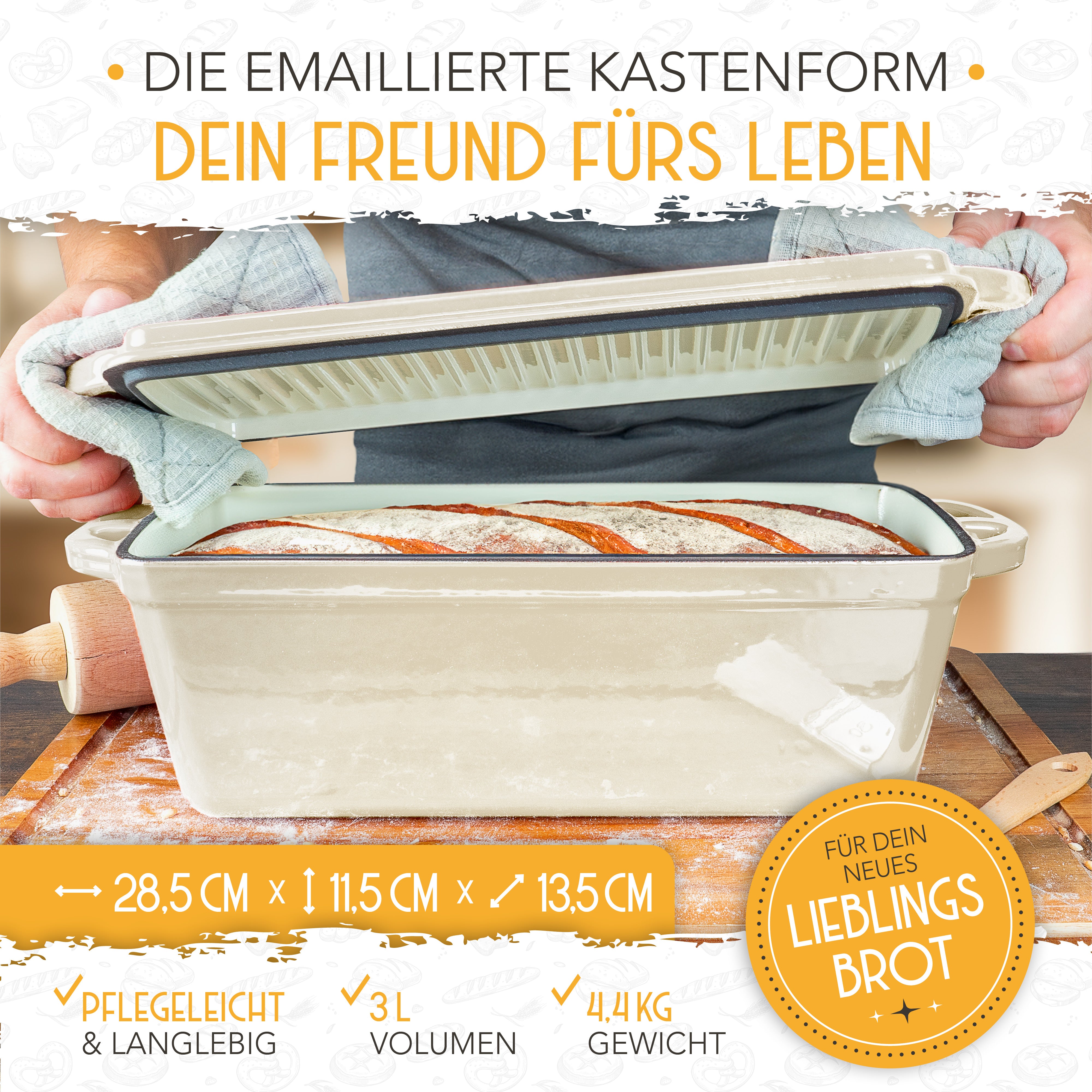 Emaille Brotbackform 28cm mit Deckel in Creme