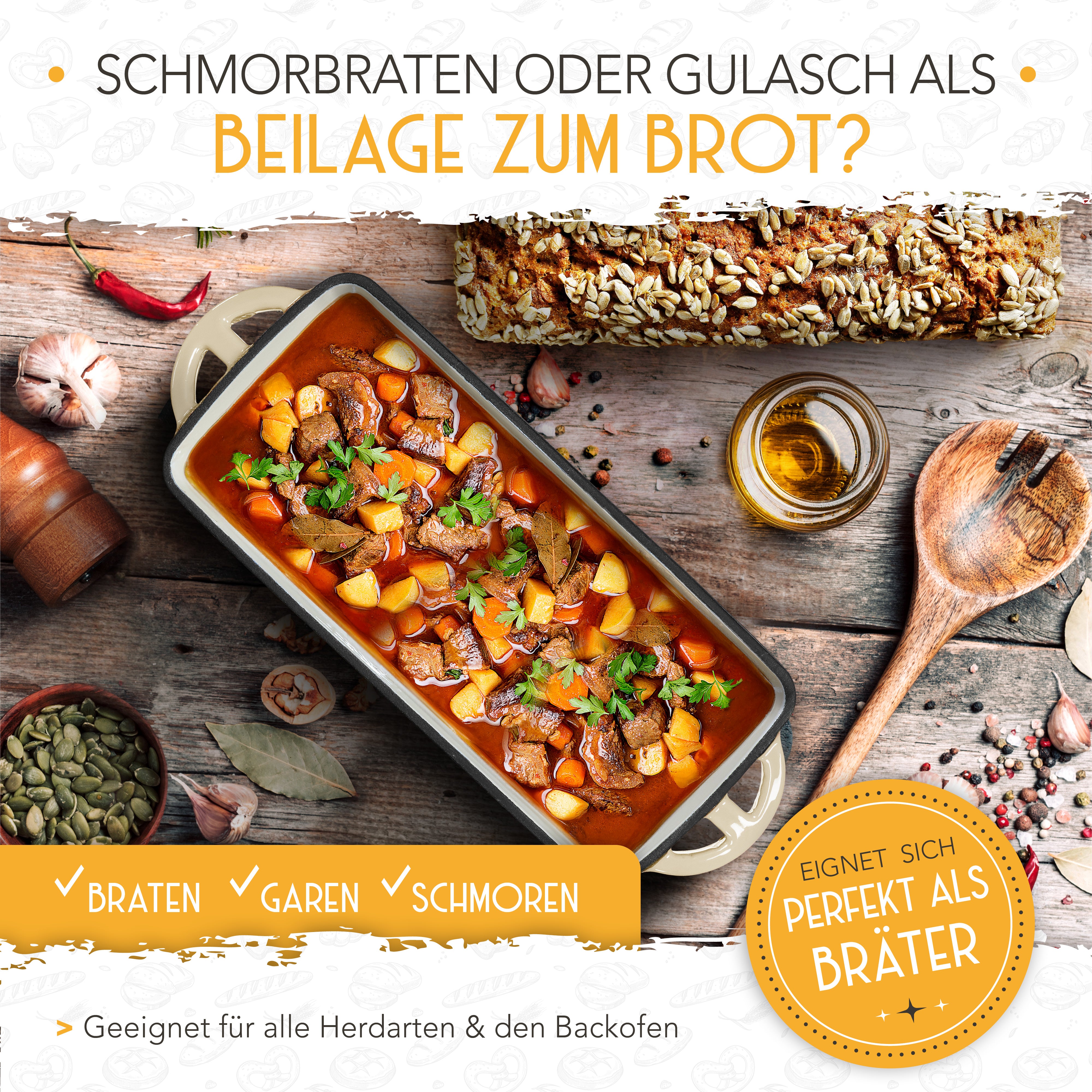 Emaille Brotbackform 28cm mit Deckel in Creme