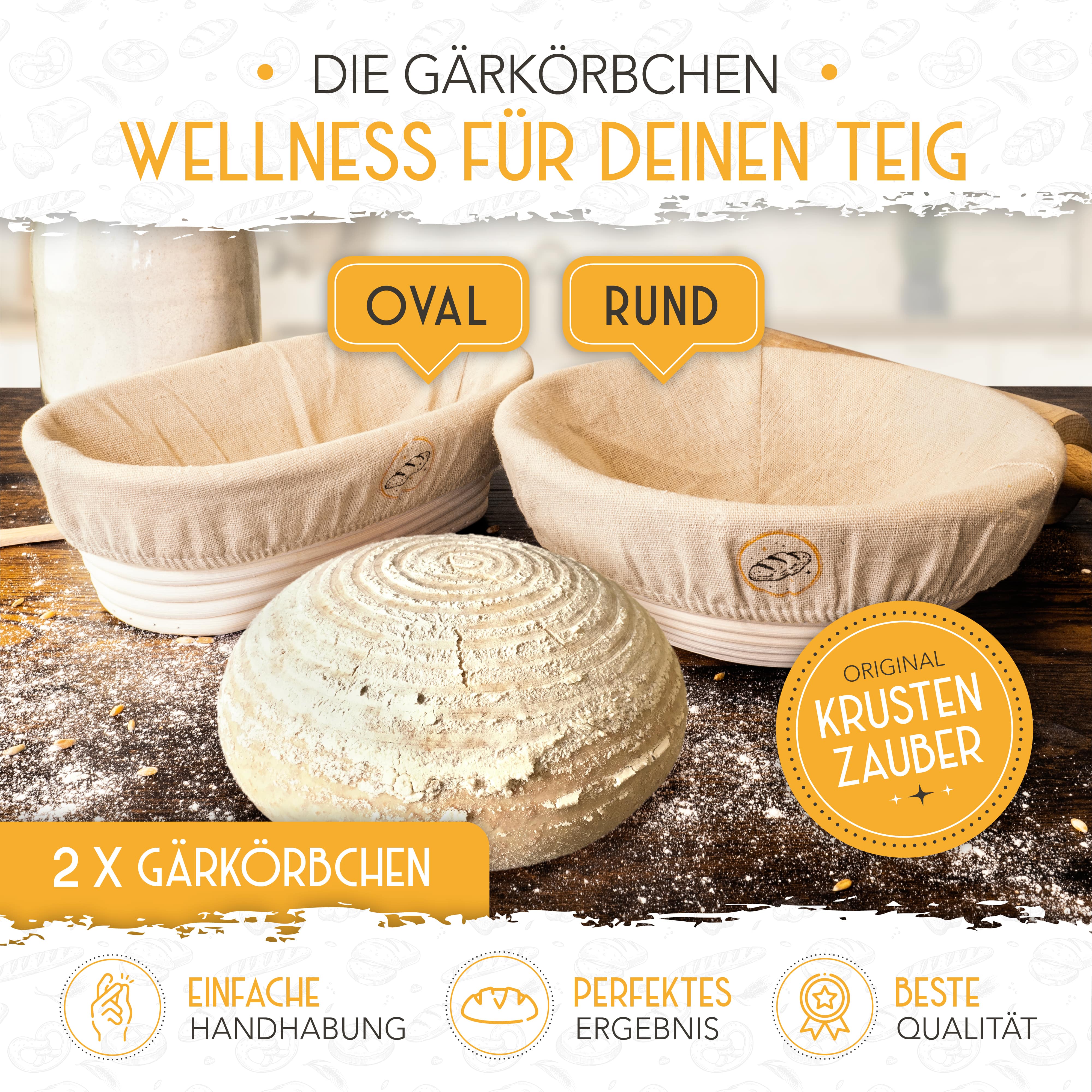 2 Krustenzauber Gärkörbchen, jeweils in der runden und der ovalen Ausführung stehen auf einem Tisch neben einem wunderbar aufgegangenem Teig.