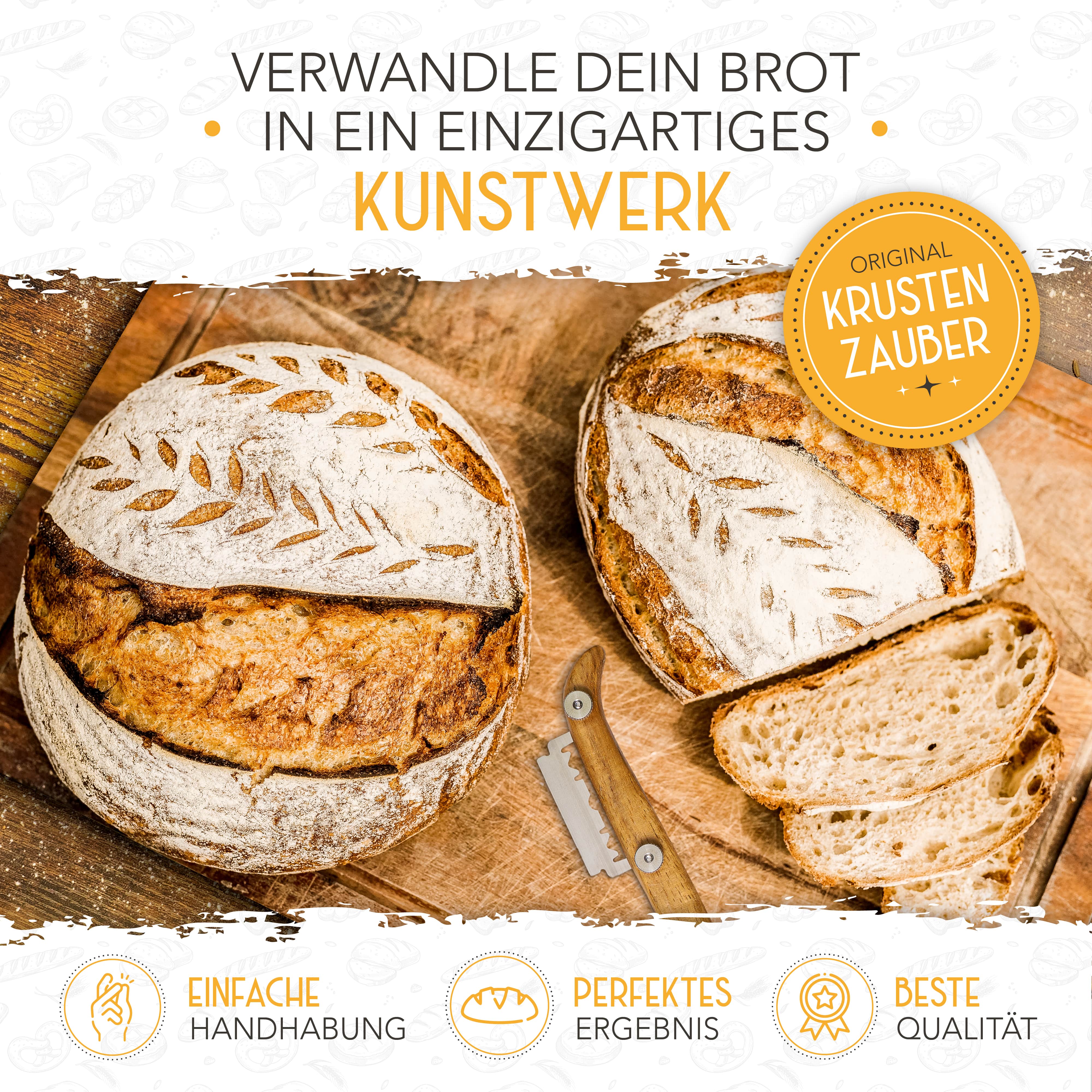 Schön eingeschnittene und knusprige Brote liegen auf einem Tisch neben einem Brotbackmesser. Anbei eine Grafik die die leichte Handhabung, das perfekt Ergebnis und die Beste Qualität der Krustenzauber Produkte beschreibt.