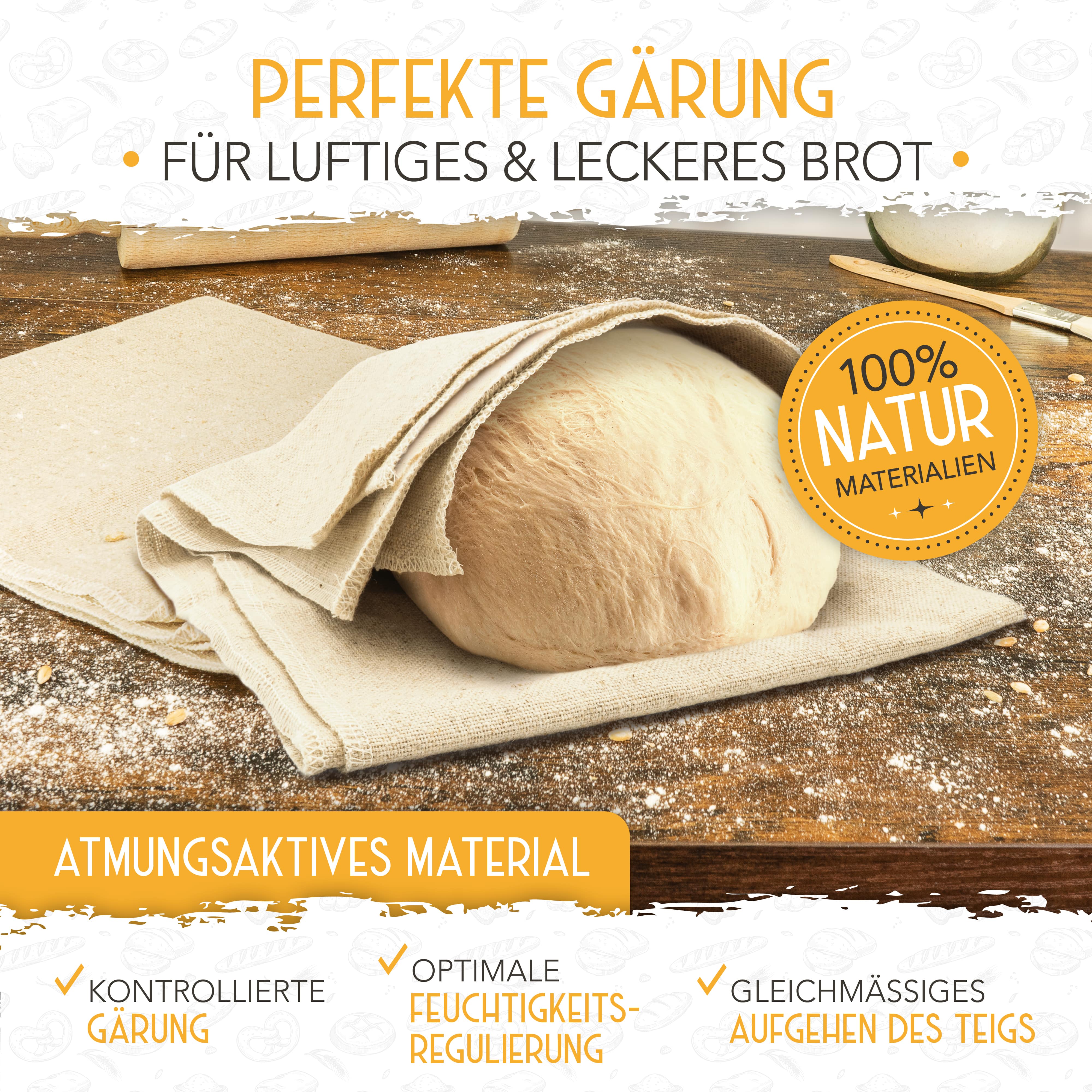 Ein Krustenzauber Bäckerleinentuch umhüllt einen Teig und hilft diesem eine gleichmäßige Gärung ohne Austrocknen zu vollbringen.