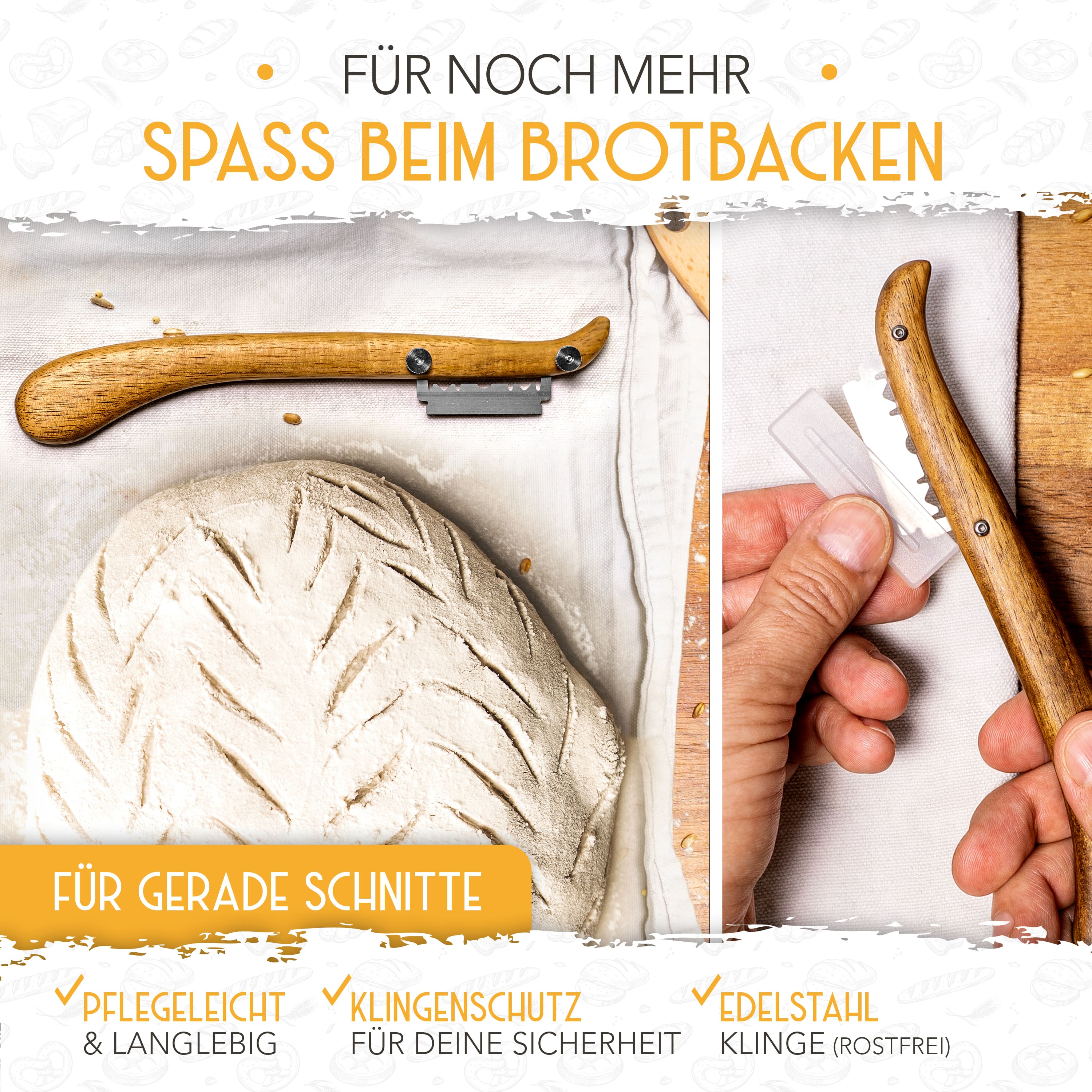 Die Krustenzauber Teigmesser werden verwendet um sicher und ergonomisch ein Muster in einen Teig zu schneiden