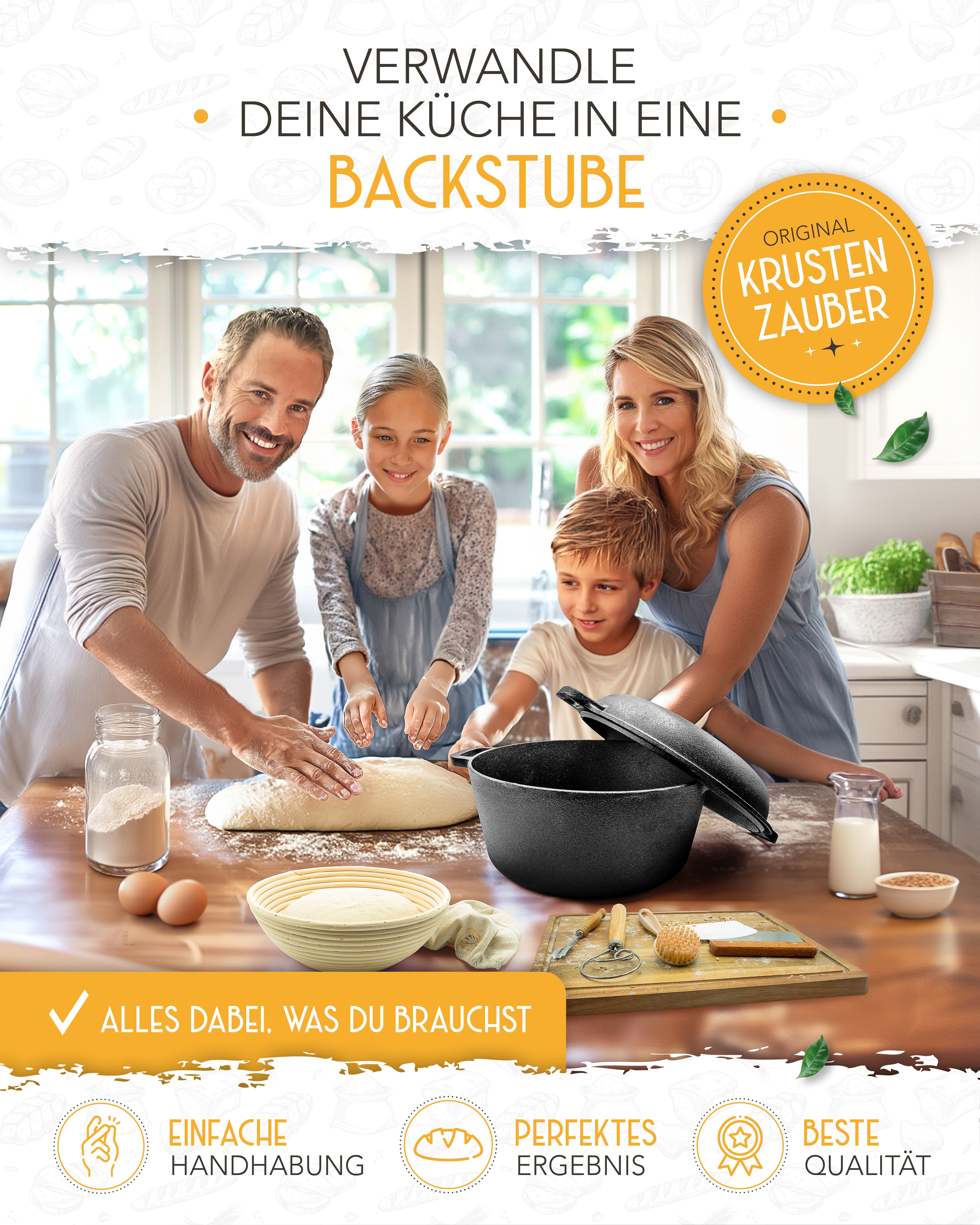 Vorteilspack - Gusseisen Brotbacktopf 4,7l mit Deckel samt diversen Zubehör