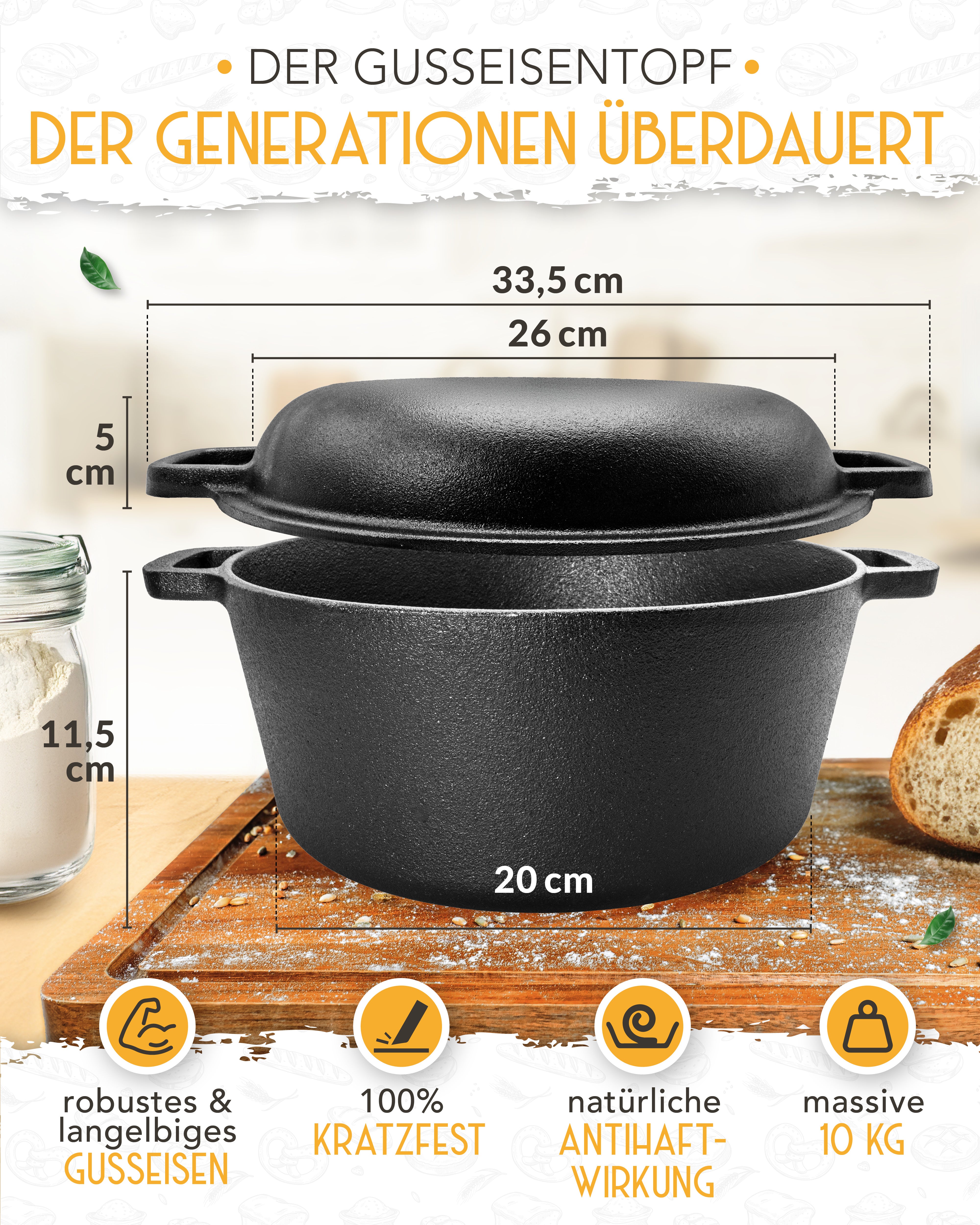 Vorteilspack - Gusseisen Brotbacktopf 4,7l mit Deckel samt diversen Zubehör